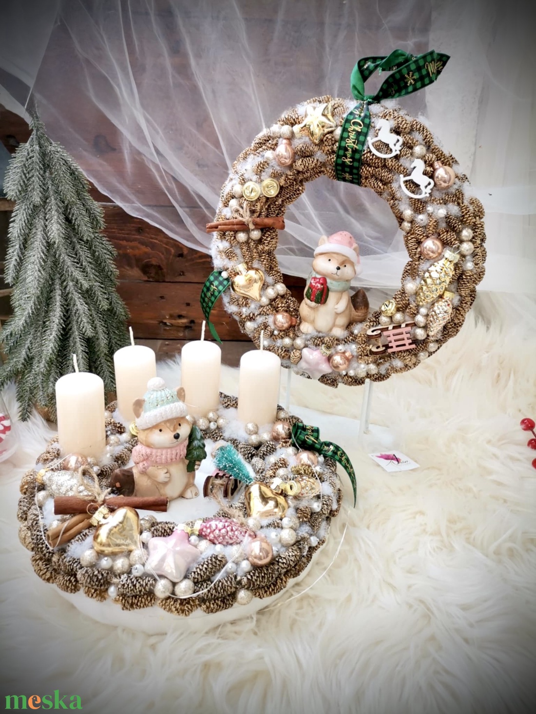 LED-es Világító, róka adventi koszorú és Ajtódísz szett - karácsony - adventi díszek - adventi koszorú - Meska.hu