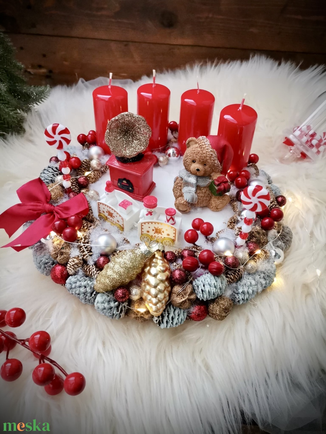 LED-es Világító, maci adventi koszorú, mackó adventi dísz - karácsony - adventi díszek - adventi koszorú - Meska.hu