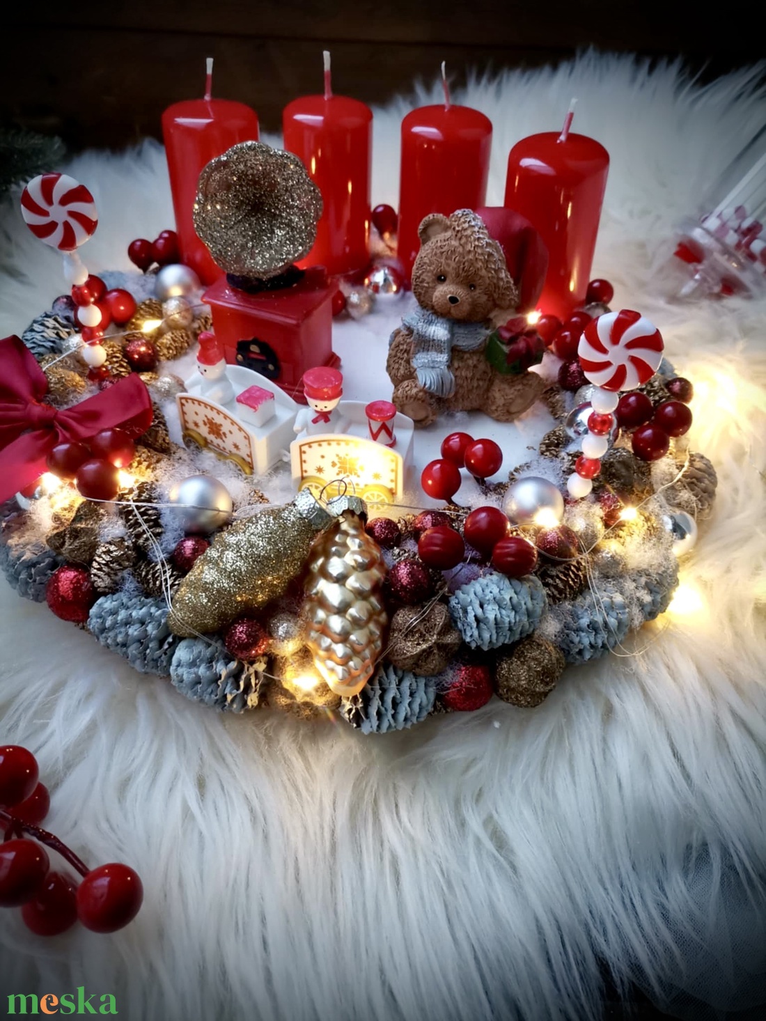 LED-es Világító, maci adventi koszorú, mackó adventi dísz - karácsony - adventi díszek - adventi koszorú - Meska.hu