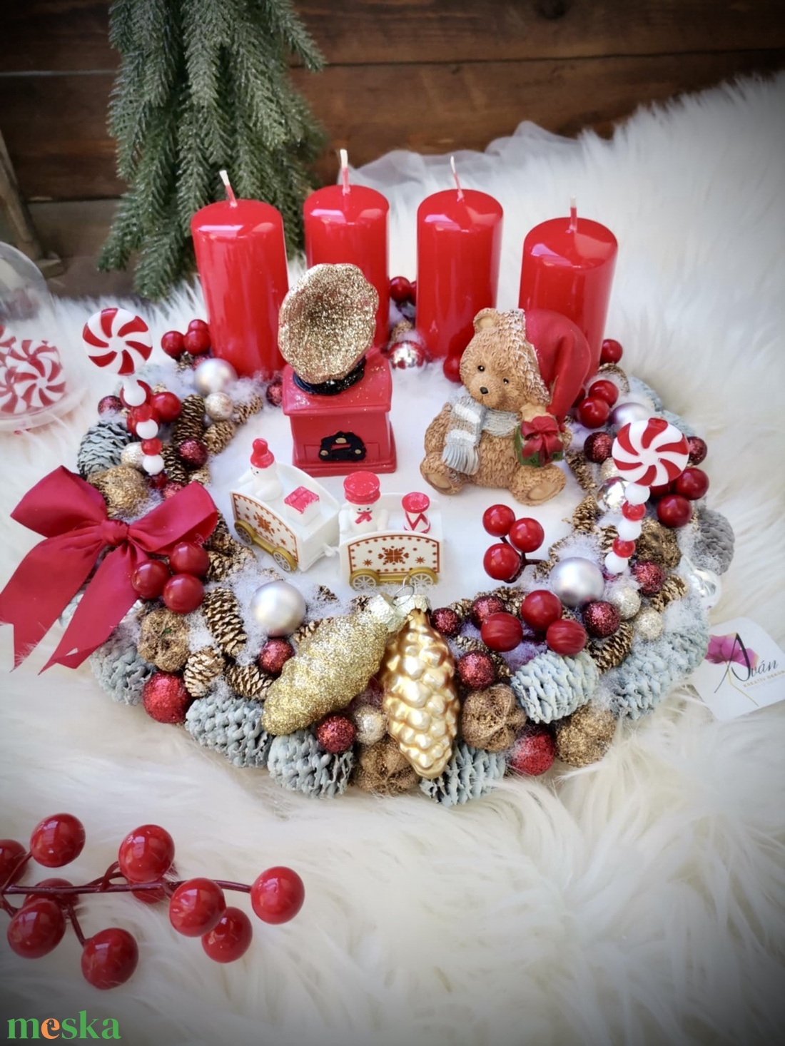 LED-es Világító, maci adventi koszorú, mackó adventi dísz - karácsony - adventi díszek - adventi koszorú - Meska.hu