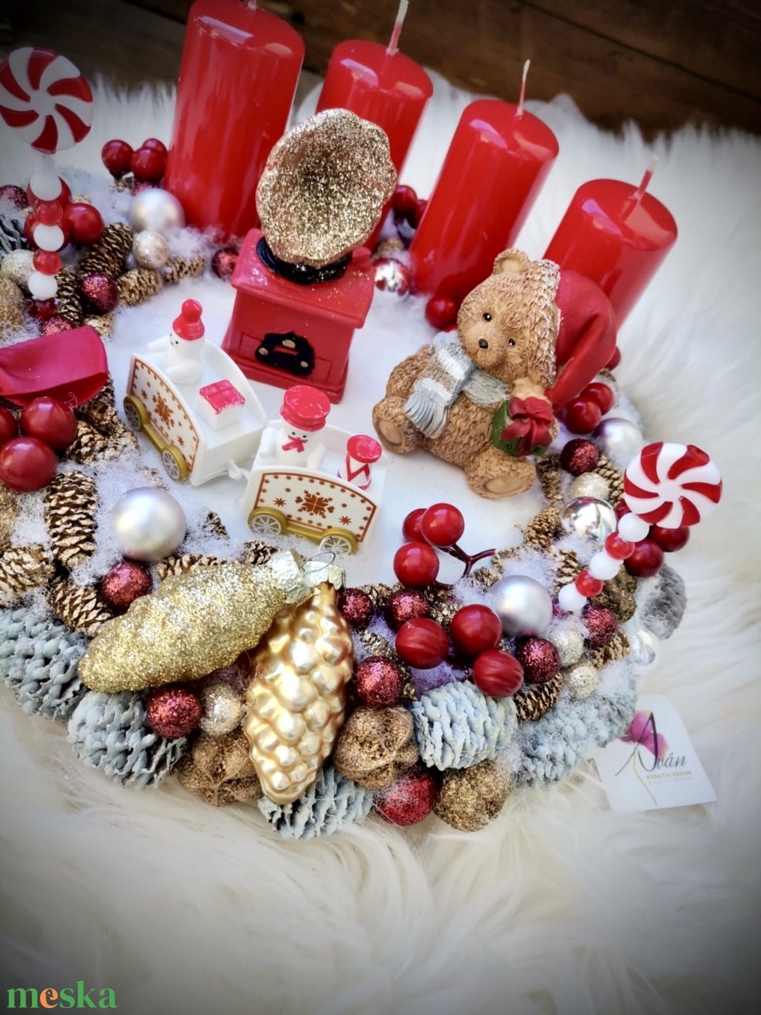 LED-es Világító, maci adventi koszorú, mackó adventi dísz - karácsony - adventi díszek - adventi koszorú - Meska.hu