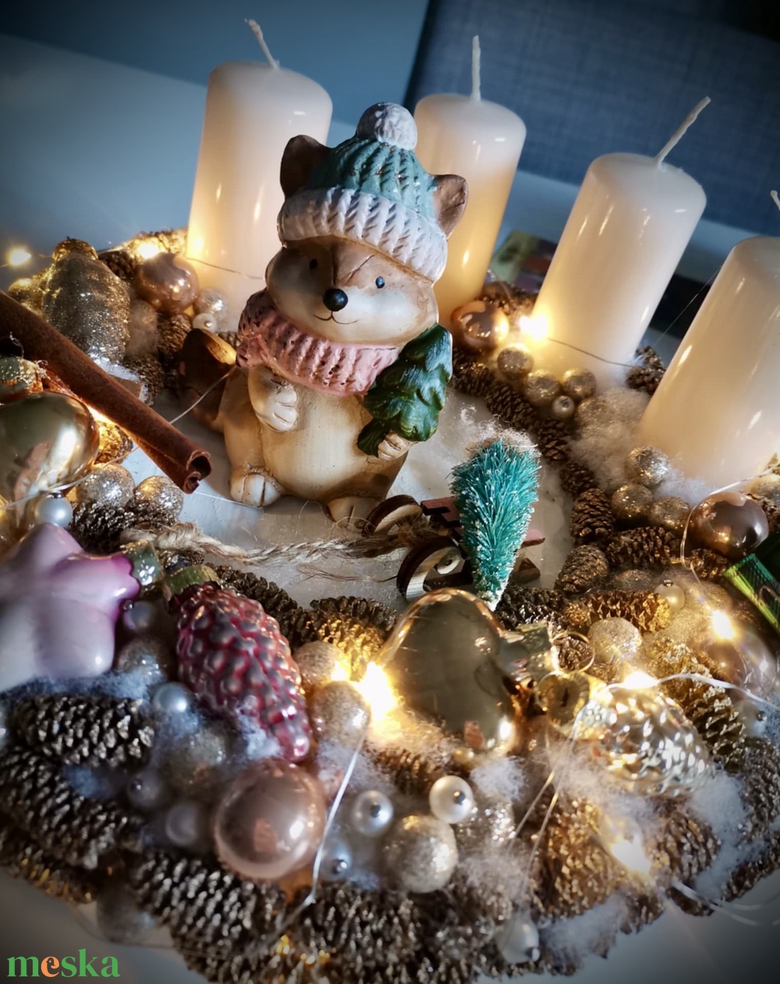 Adventi koszorú ajtódísz szett, világító dekoráció, róka adventi  - karácsony - adventi díszek - adventi gyertyadíszek és koszorúdíszek - Meska.hu