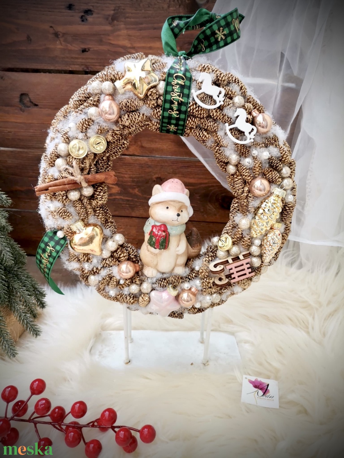 Adventi koszorú ajtódísz szett, világító dekoráció, róka adventi  - karácsony - adventi díszek - adventi gyertyadíszek és koszorúdíszek - Meska.hu