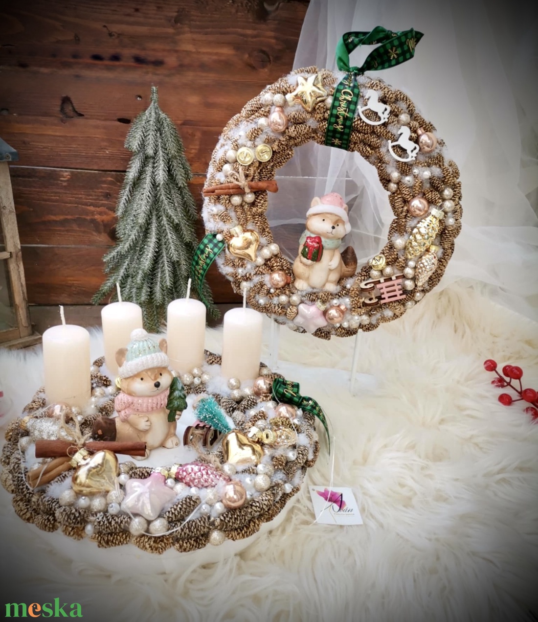Adventi koszorú ajtódísz szett, világító dekoráció, róka adventi  - karácsony - adventi díszek - adventi gyertyadíszek és koszorúdíszek - Meska.hu