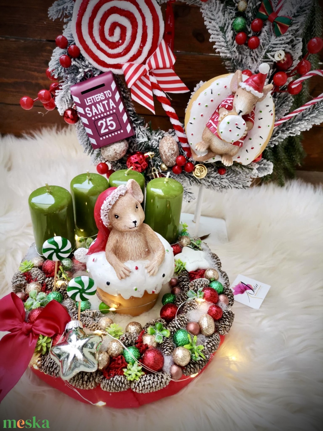 LED-es Világító, muffin egér adventi koszorú, egérke adventi dísz - karácsony - adventi díszek - adventi koszorú - Meska.hu