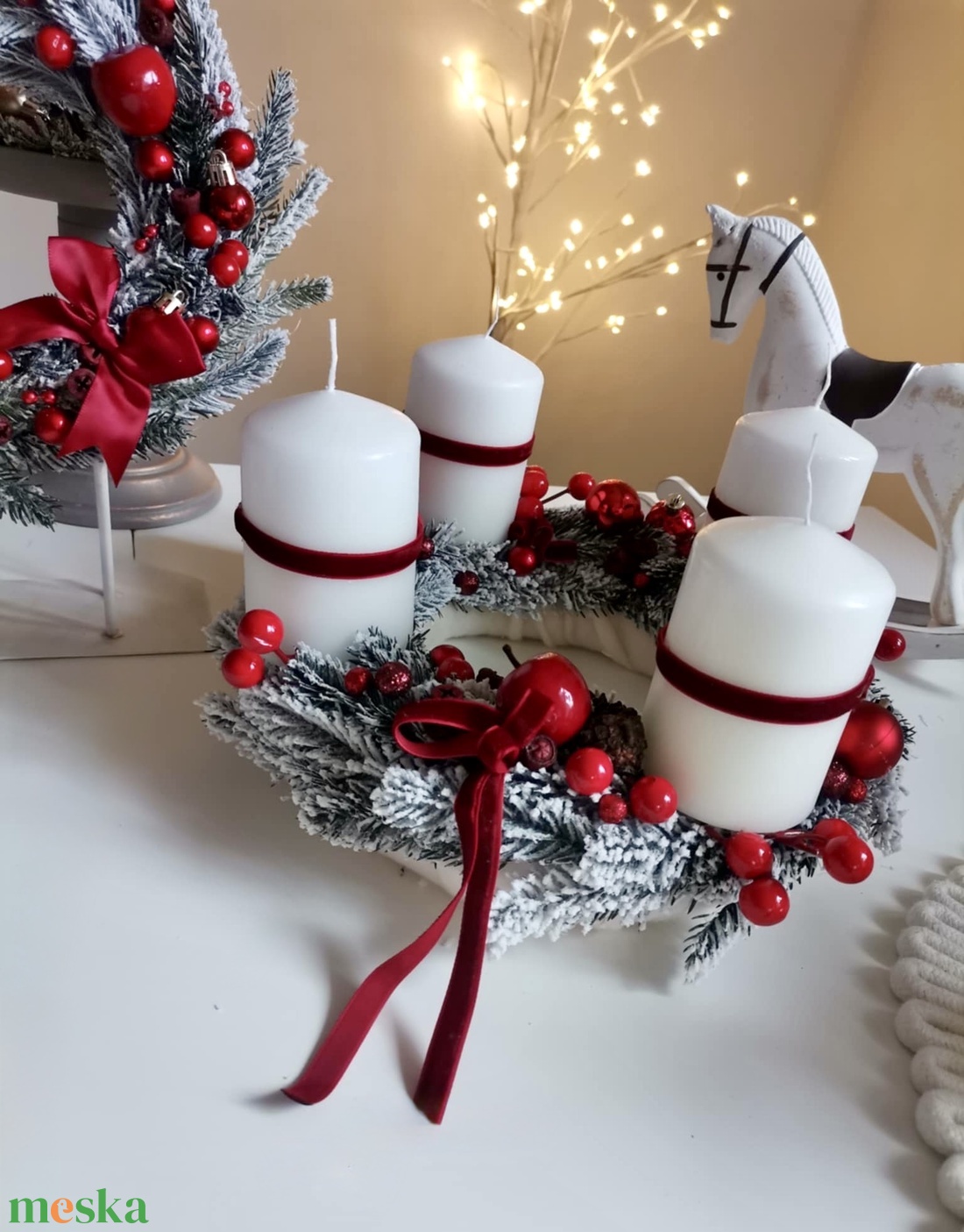 Fenyő adventi koszorú piros 3D hatású Havas  - karácsony - adventi díszek - adventi koszorú - Meska.hu