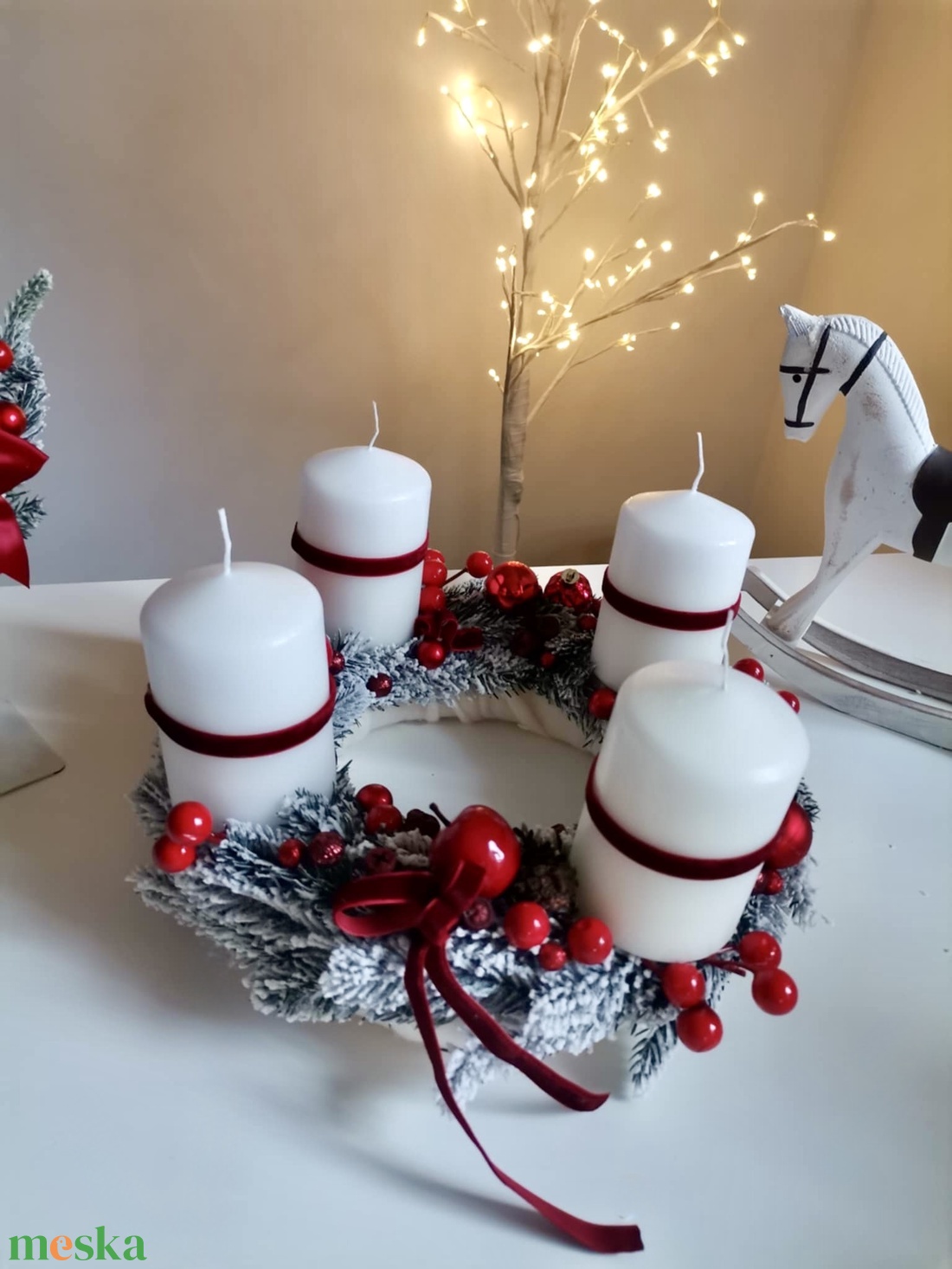 Fenyő adventi koszorú piros 3D hatású Havas  - karácsony - adventi díszek - adventi koszorú - Meska.hu