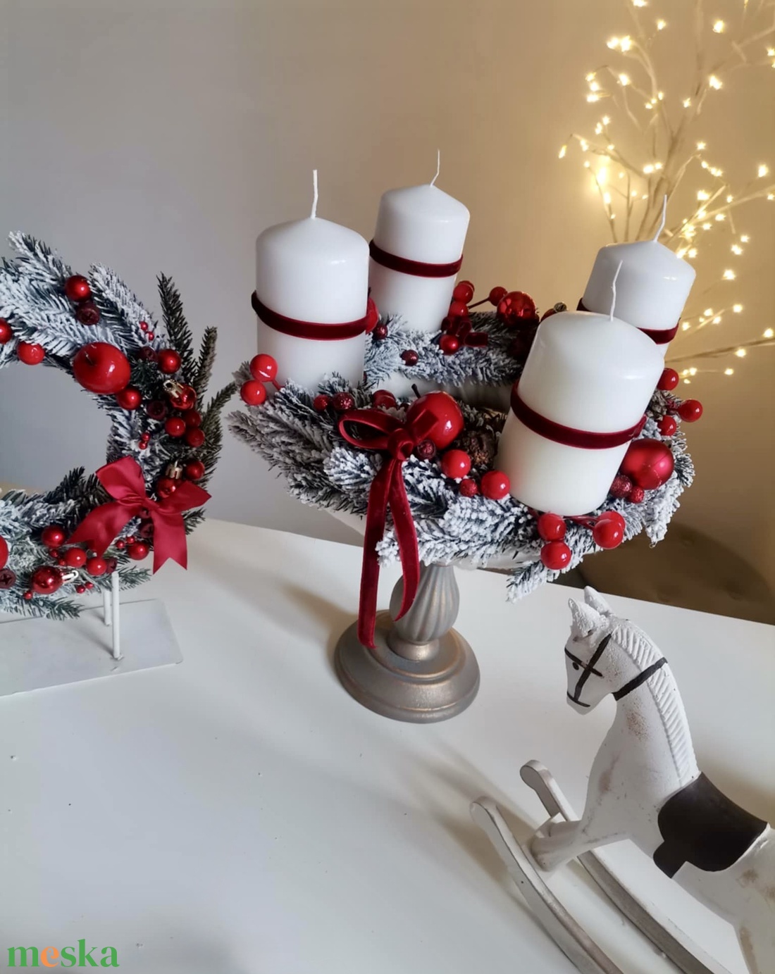 Fenyő adventi koszorú piros 3D hatású Havas  - karácsony - adventi díszek - adventi koszorú - Meska.hu