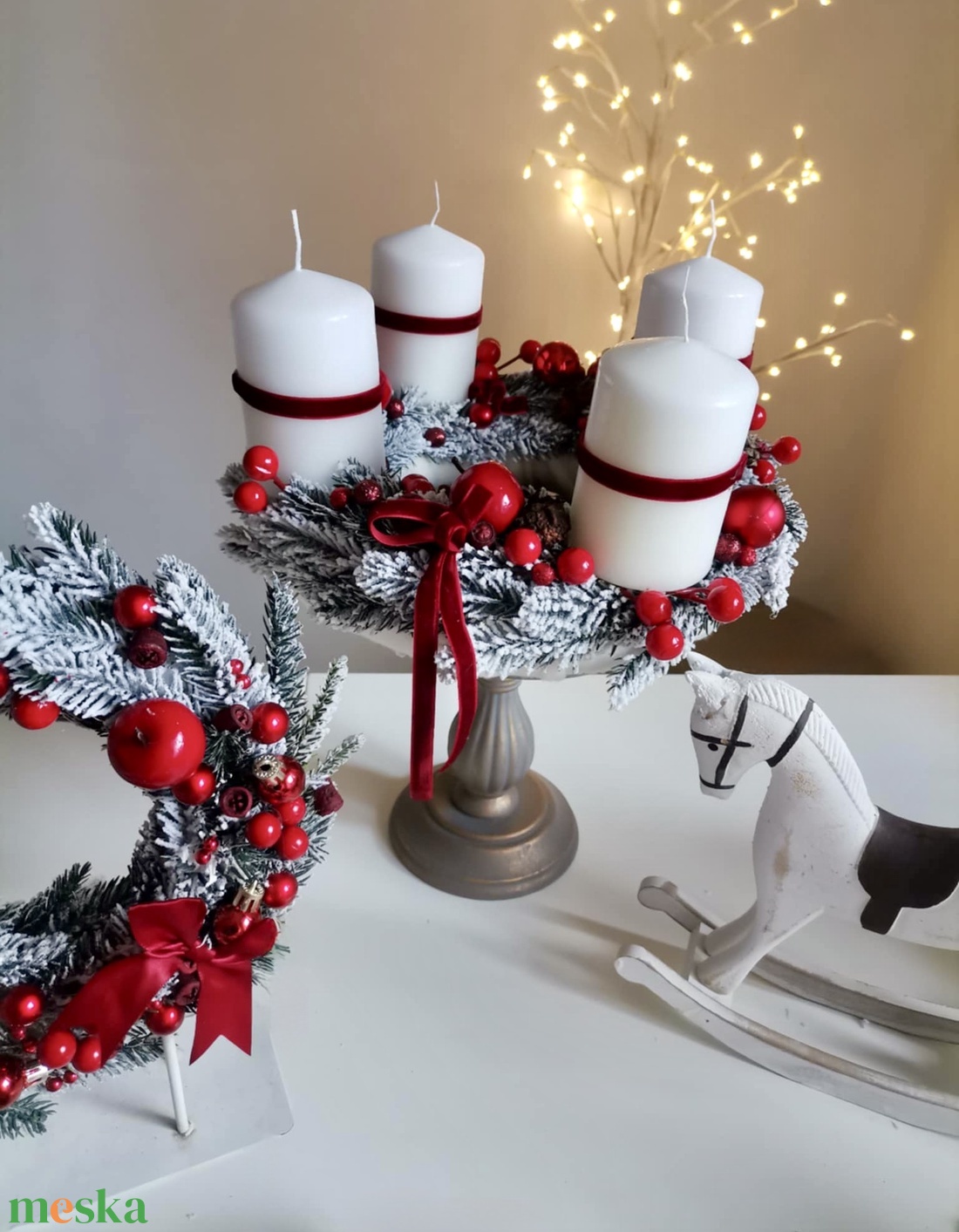 Fenyő adventi koszorú piros 3D hatású Havas  - karácsony - adventi díszek - adventi koszorú - Meska.hu