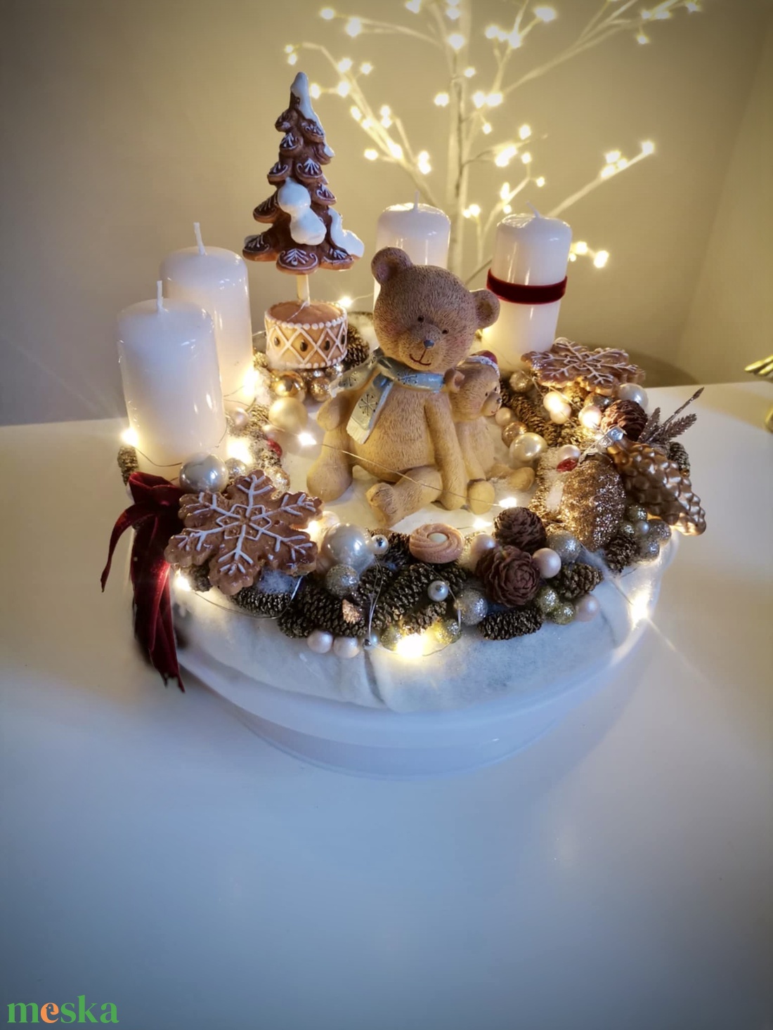 LED-es Világító, maci adventi koszorú, mackó adventi dísz - karácsony - adventi díszek - adventi koszorú - Meska.hu