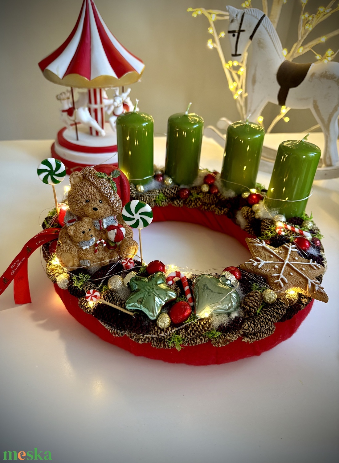 LED-es Világító, maci adventi koszorú, mackó adventi dísz - karácsony - adventi díszek - adventi koszorú - Meska.hu