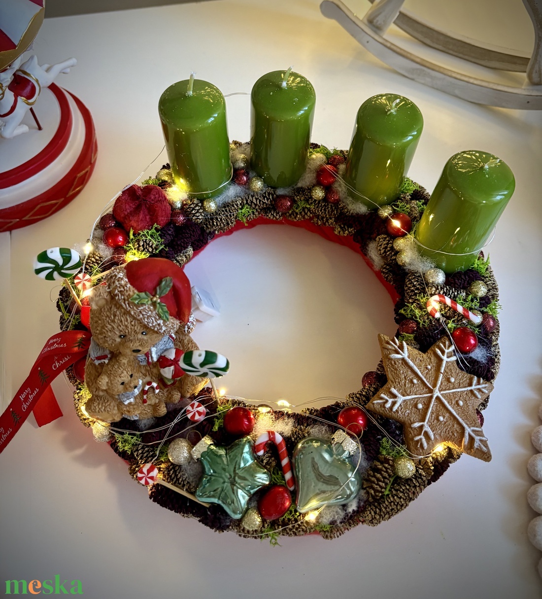 LED-es Világító, maci adventi koszorú, mackó adventi dísz - karácsony - adventi díszek - adventi koszorú - Meska.hu