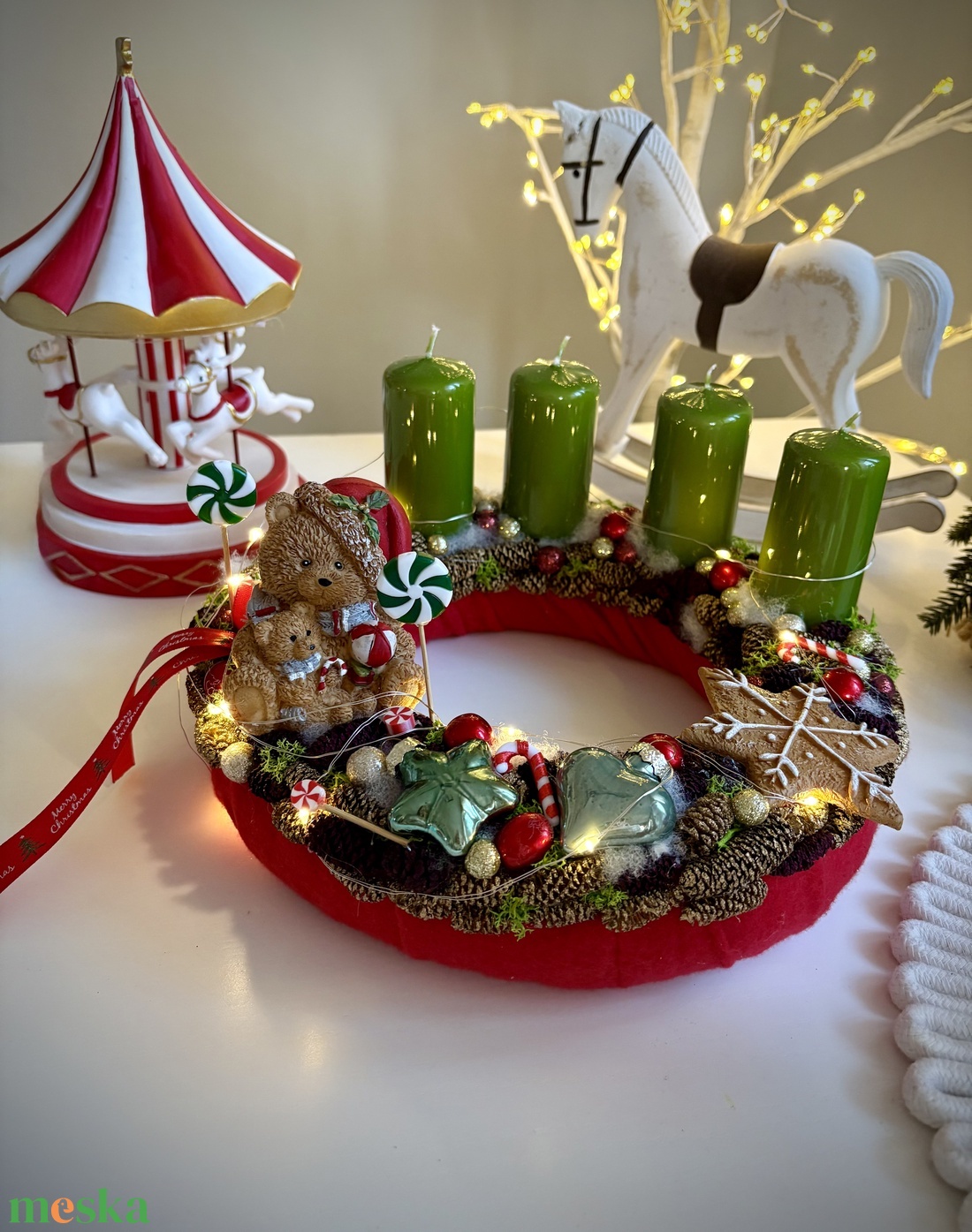 LED-es Világító, maci adventi koszorú, mackó adventi dísz - karácsony - adventi díszek - adventi koszorú - Meska.hu