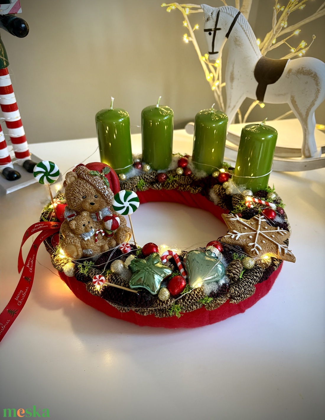 LED-es Világító, maci adventi koszorú, mackó adventi dísz - karácsony - adventi díszek - adventi koszorú - Meska.hu