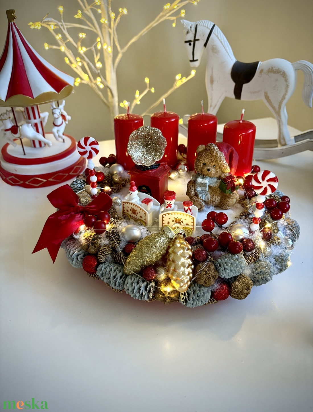 LED-es Világító, maci adventi koszorú, mackó adventi dísz - karácsony - adventi díszek - adventi koszorú - Meska.hu