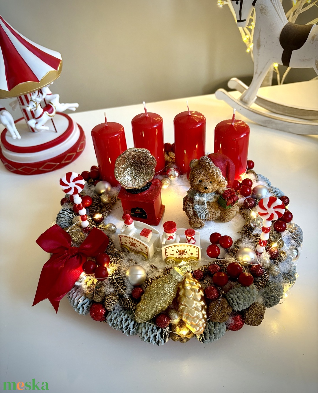 LED-es Világító, maci adventi koszorú, mackó adventi dísz - karácsony - adventi díszek - adventi koszorú - Meska.hu