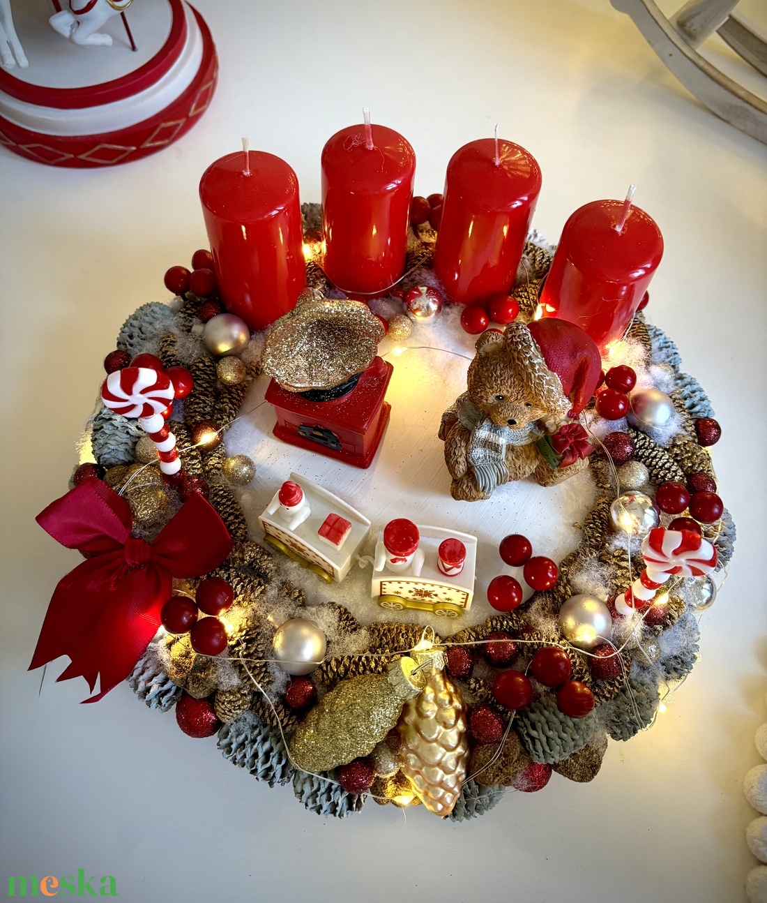 LED-es Világító, maci adventi koszorú, mackó adventi dísz - karácsony - adventi díszek - adventi koszorú - Meska.hu