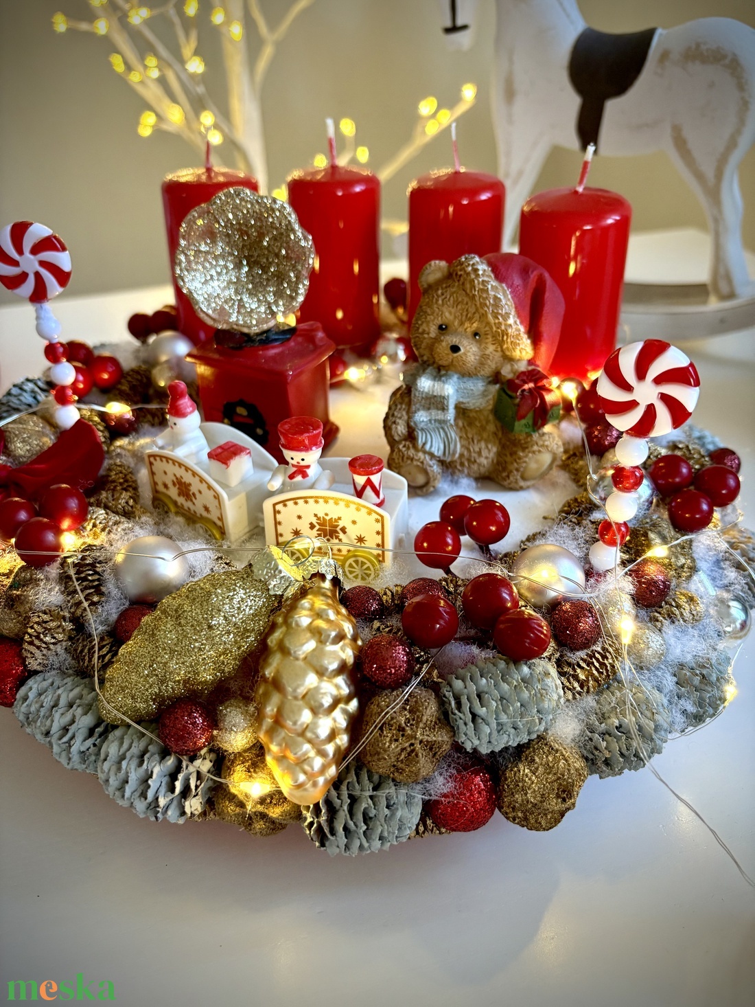 LED-es Világító, maci adventi koszorú, mackó adventi dísz - karácsony - adventi díszek - adventi koszorú - Meska.hu