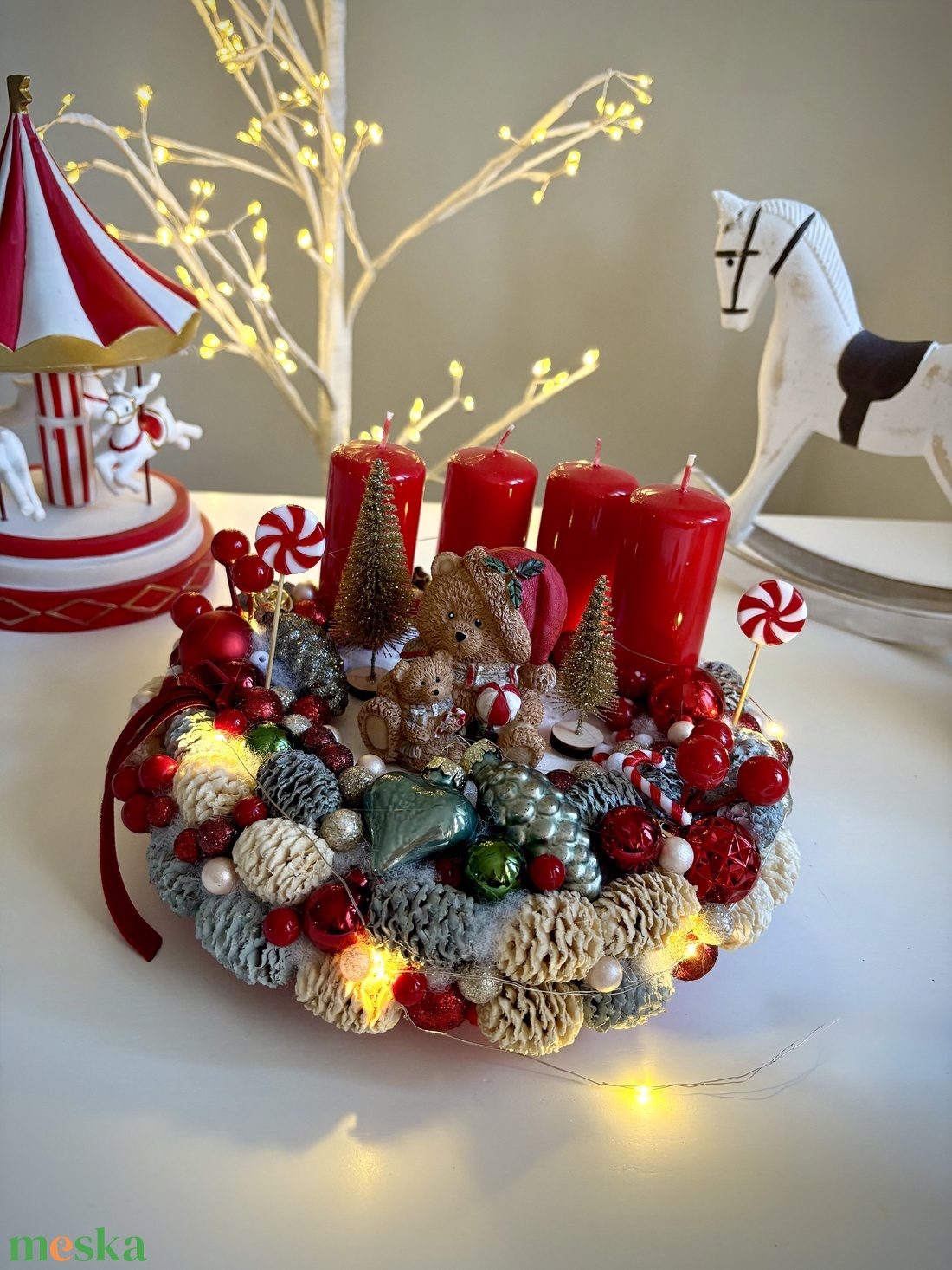 LED-es Világító, maci adventi koszorú, mackó adventi dísz - karácsony - adventi díszek - adventi koszorú - Meska.hu