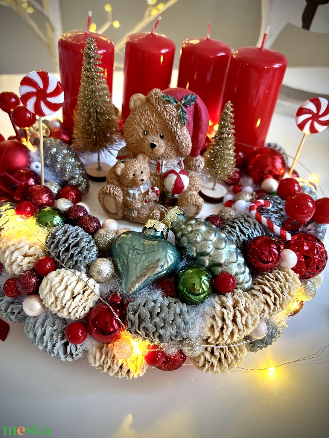 LED-es Világító, maci adventi koszorú, mackó adventi dísz - karácsony - adventi díszek - adventi koszorú - Meska.hu