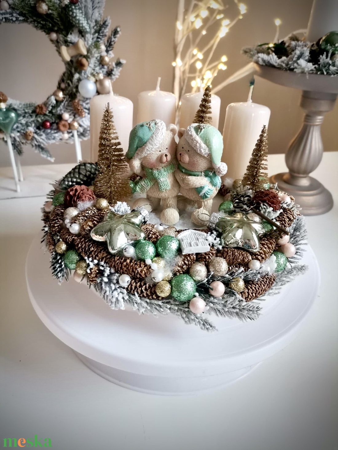 Menta maci adventi koszorú, mackó adventi dísz - karácsony - adventi díszek - adventi koszorú - Meska.hu