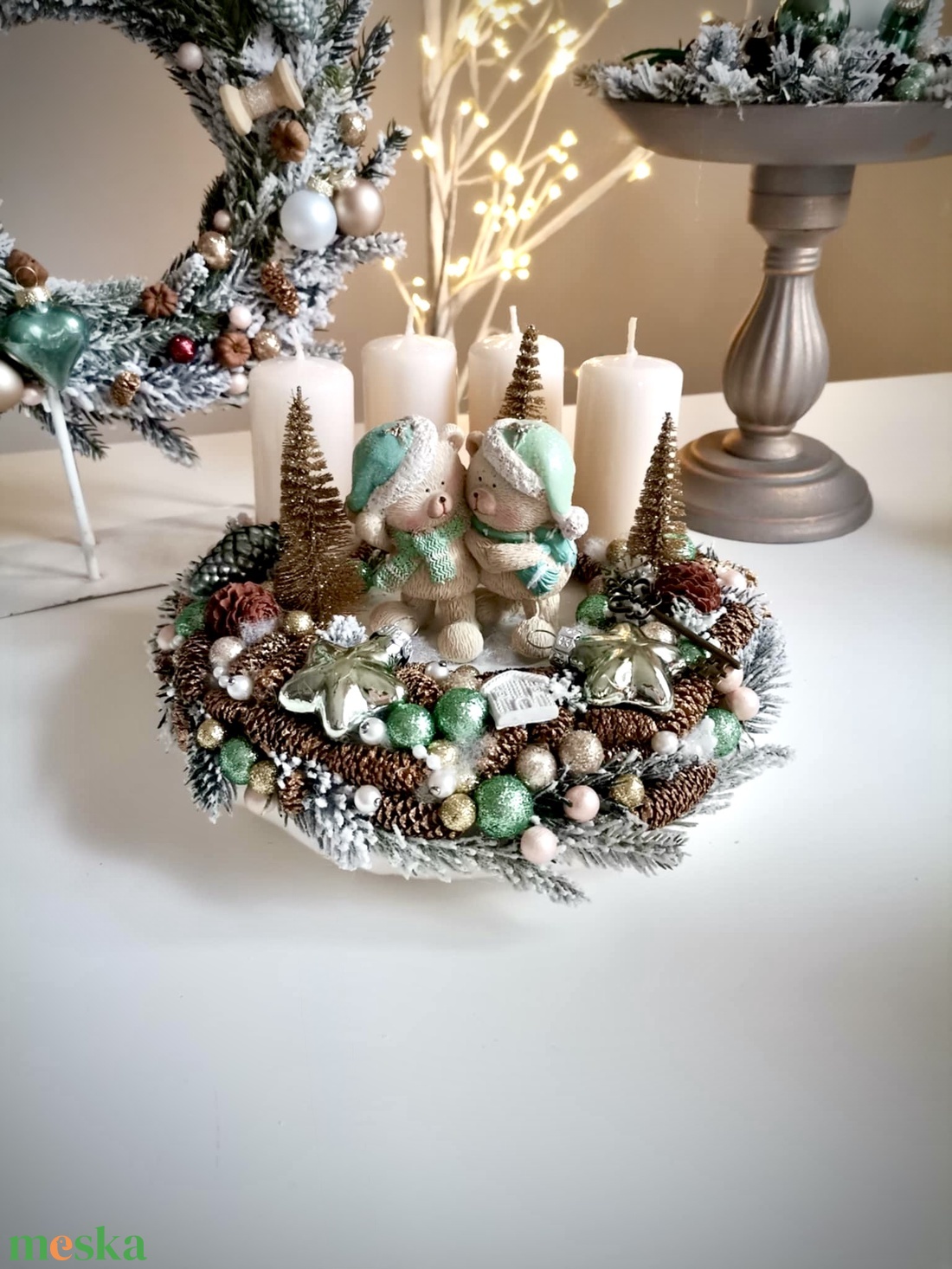 Menta maci adventi koszorú, mackó adventi dísz - karácsony - adventi díszek - adventi koszorú - Meska.hu