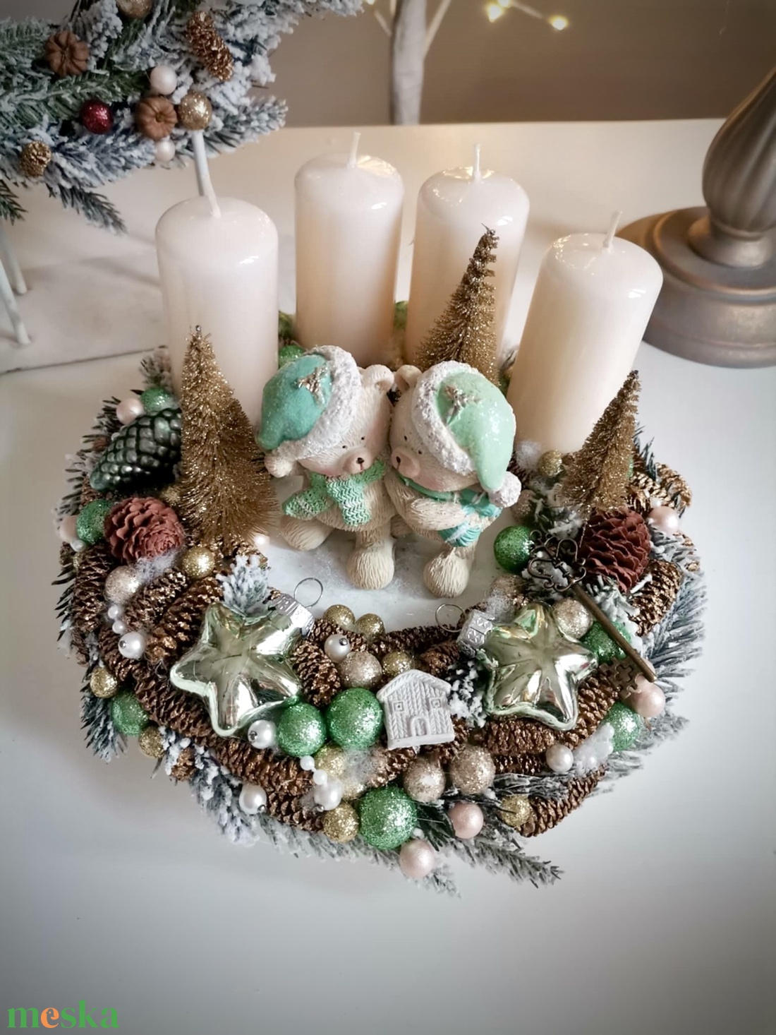 Menta maci adventi koszorú, mackó adventi dísz - karácsony - adventi díszek - adventi koszorú - Meska.hu