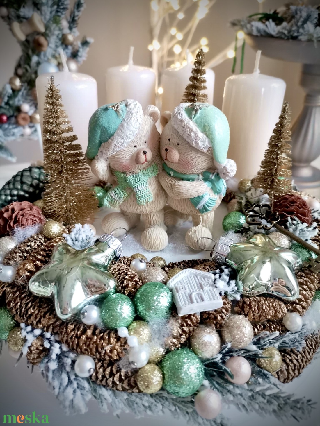 Menta maci adventi koszorú, mackó adventi dísz - karácsony - adventi díszek - adventi koszorú - Meska.hu