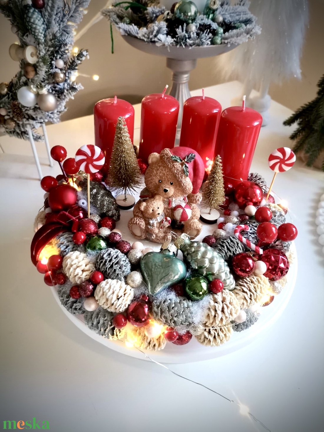 LED-es Világító, maci adventi koszorú, mackó adventi dísz - karácsony - adventi díszek - adventi koszorú - Meska.hu