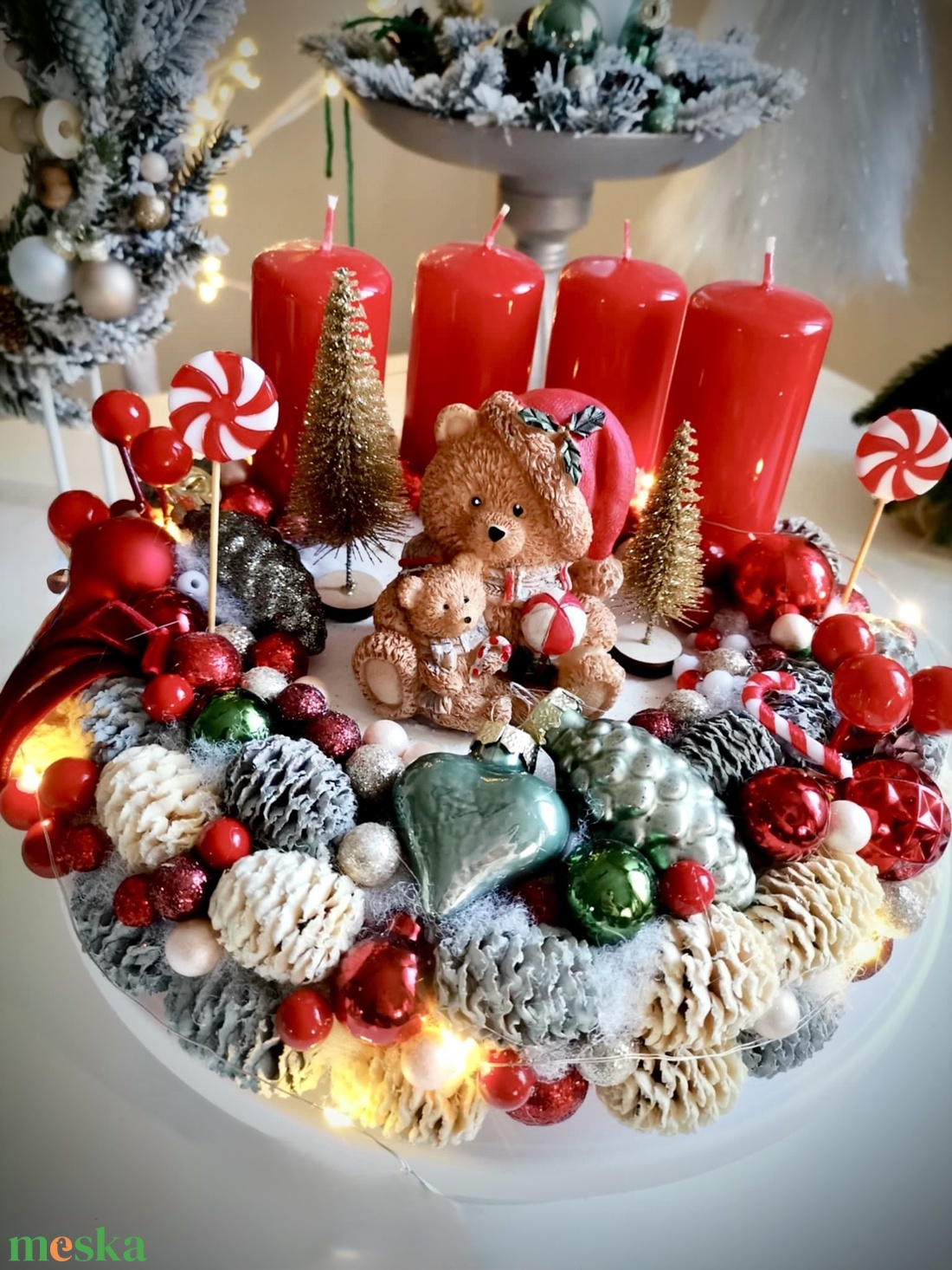 LED-es Világító, maci adventi koszorú, mackó adventi dísz - karácsony - adventi díszek - adventi koszorú - Meska.hu