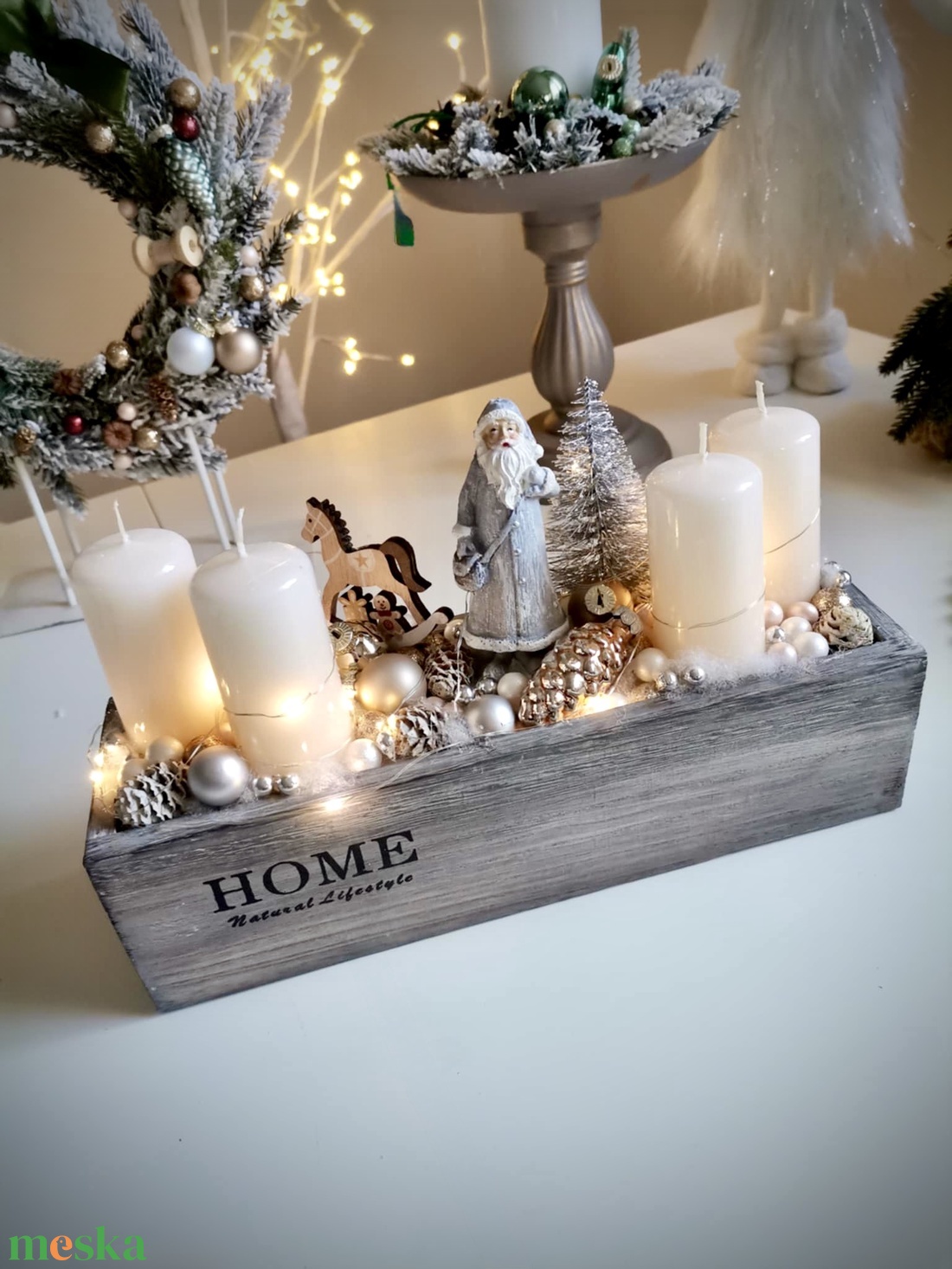 Fa láda adventi tál, Télapó  adventi dísz LED világítással - karácsony - adventi díszek - adventi koszorú - Meska.hu