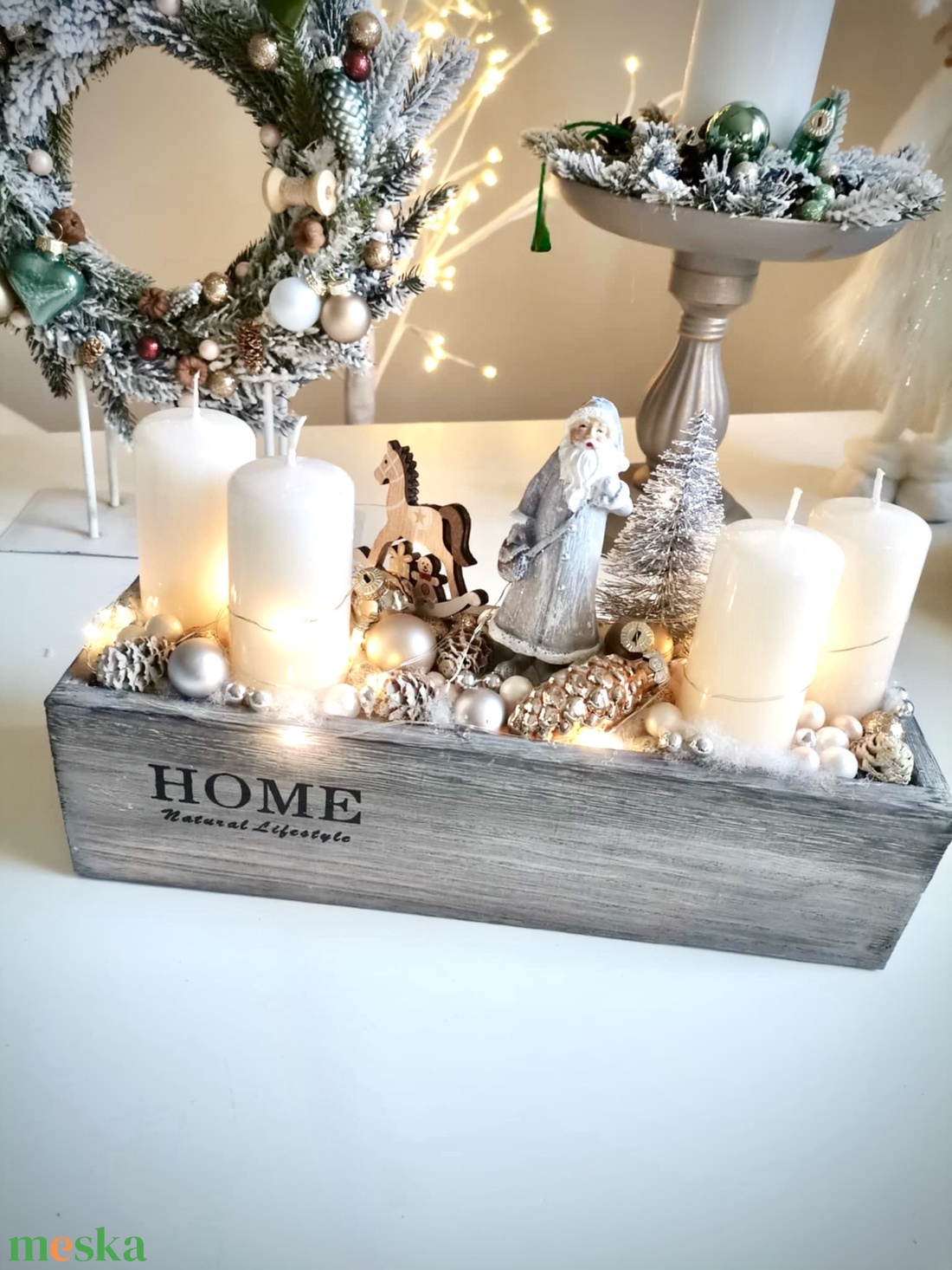 Fa láda adventi tál, Télapó  adventi dísz LED világítással - karácsony - adventi díszek - adventi koszorú - Meska.hu