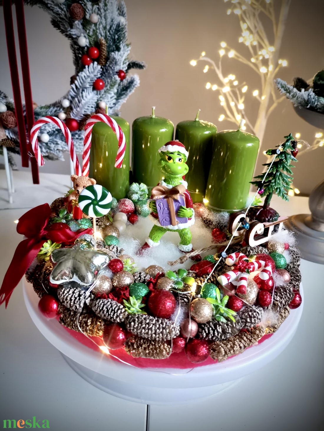 Világító Grincs, grincses adventi koszorú grincses karácsonyi dísz - karácsony - adventi díszek - adventi koszorú - Meska.hu