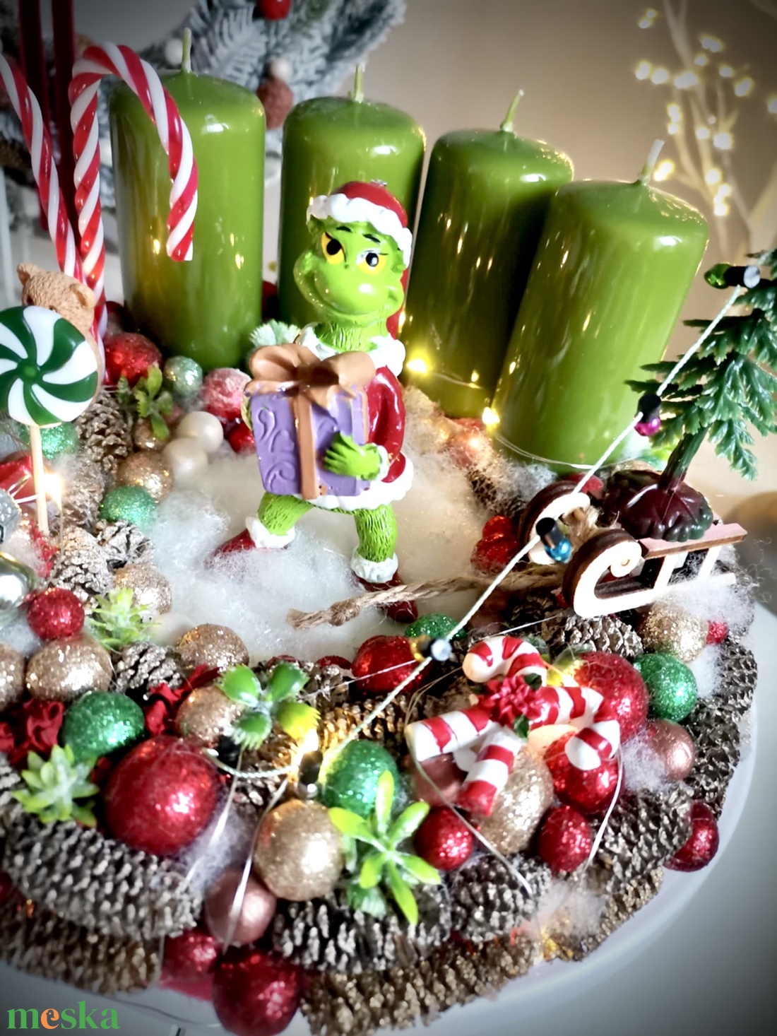 Világító Grincs, grincses adventi koszorú grincses karácsonyi dísz - karácsony - adventi díszek - adventi koszorú - Meska.hu