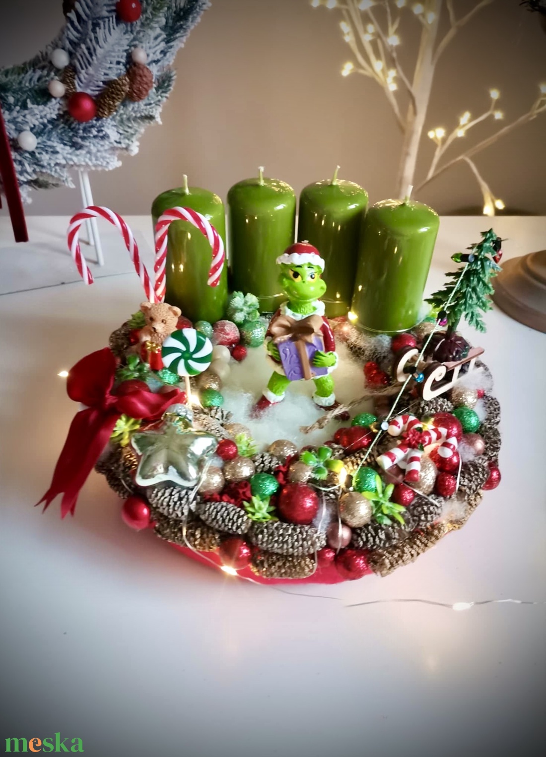 Világító Grincs, grincses adventi koszorú grincses karácsonyi dísz - karácsony - adventi díszek - adventi koszorú - Meska.hu