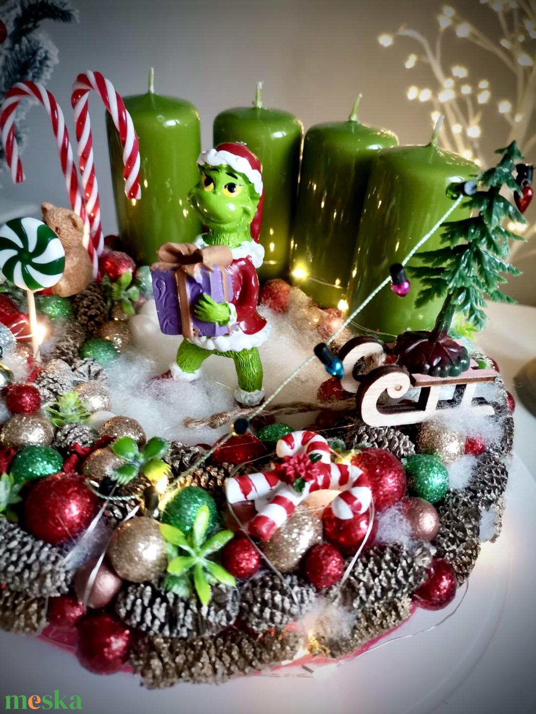Világító Grincs, grincses adventi koszorú grincses karácsonyi dísz - karácsony - adventi díszek - adventi koszorú - Meska.hu