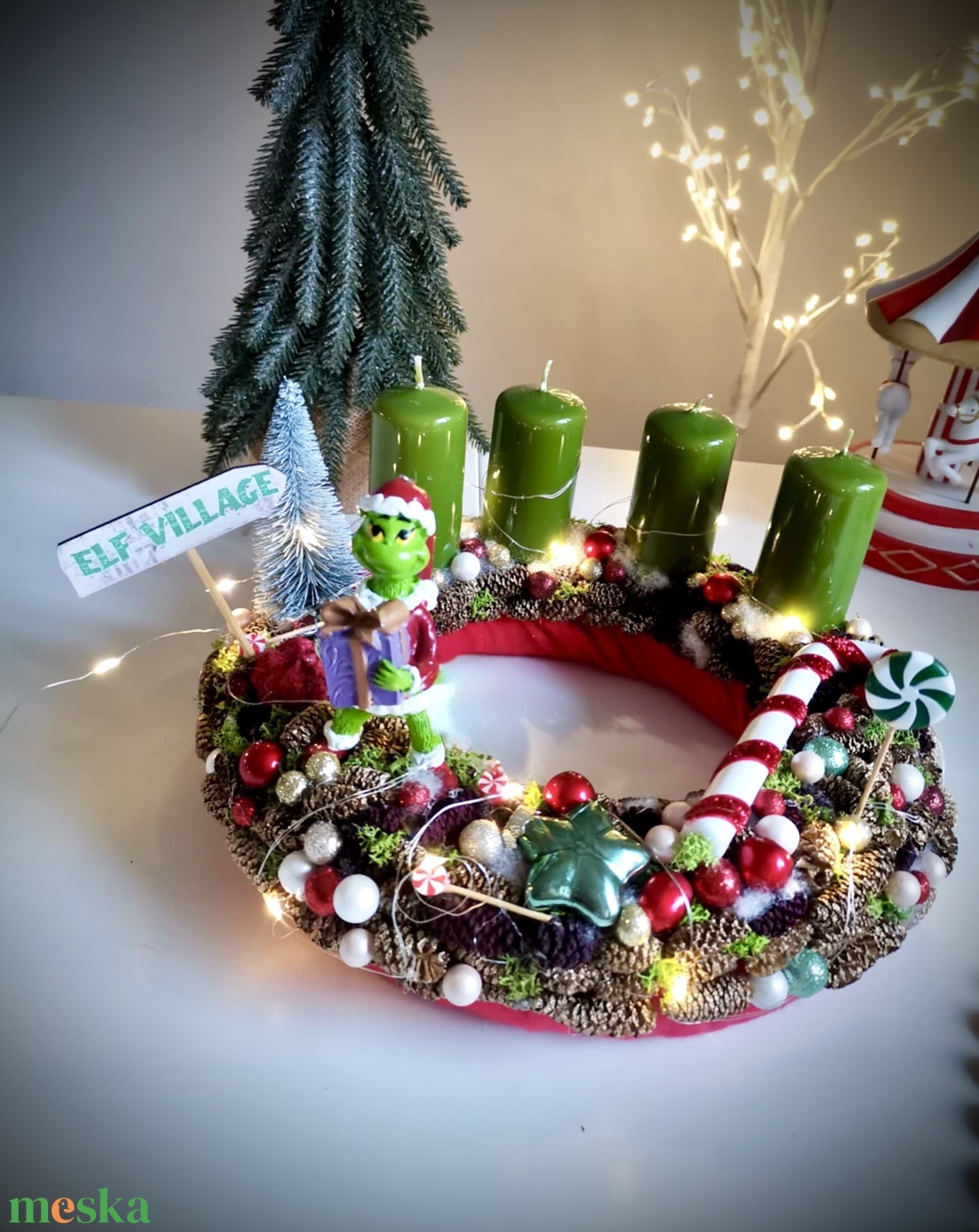 Világító Grincs, grincses adventi koszorú grincses karácsonyi dísz - karácsony - adventi díszek - adventi koszorú - Meska.hu