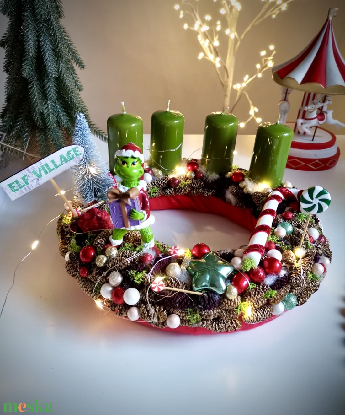 Világító Grincs, grincses adventi koszorú grincses karácsonyi dísz - karácsony - adventi díszek - adventi koszorú - Meska.hu