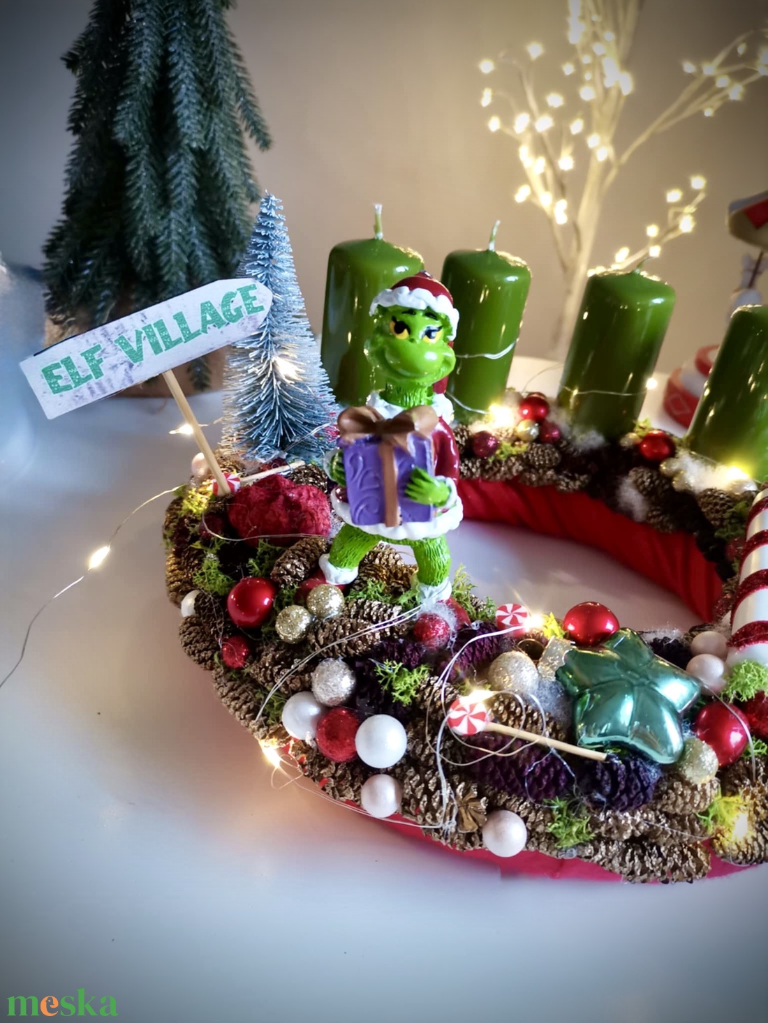 Világító Grincs, grincses adventi koszorú grincses karácsonyi dísz - karácsony - adventi díszek - adventi koszorú - Meska.hu