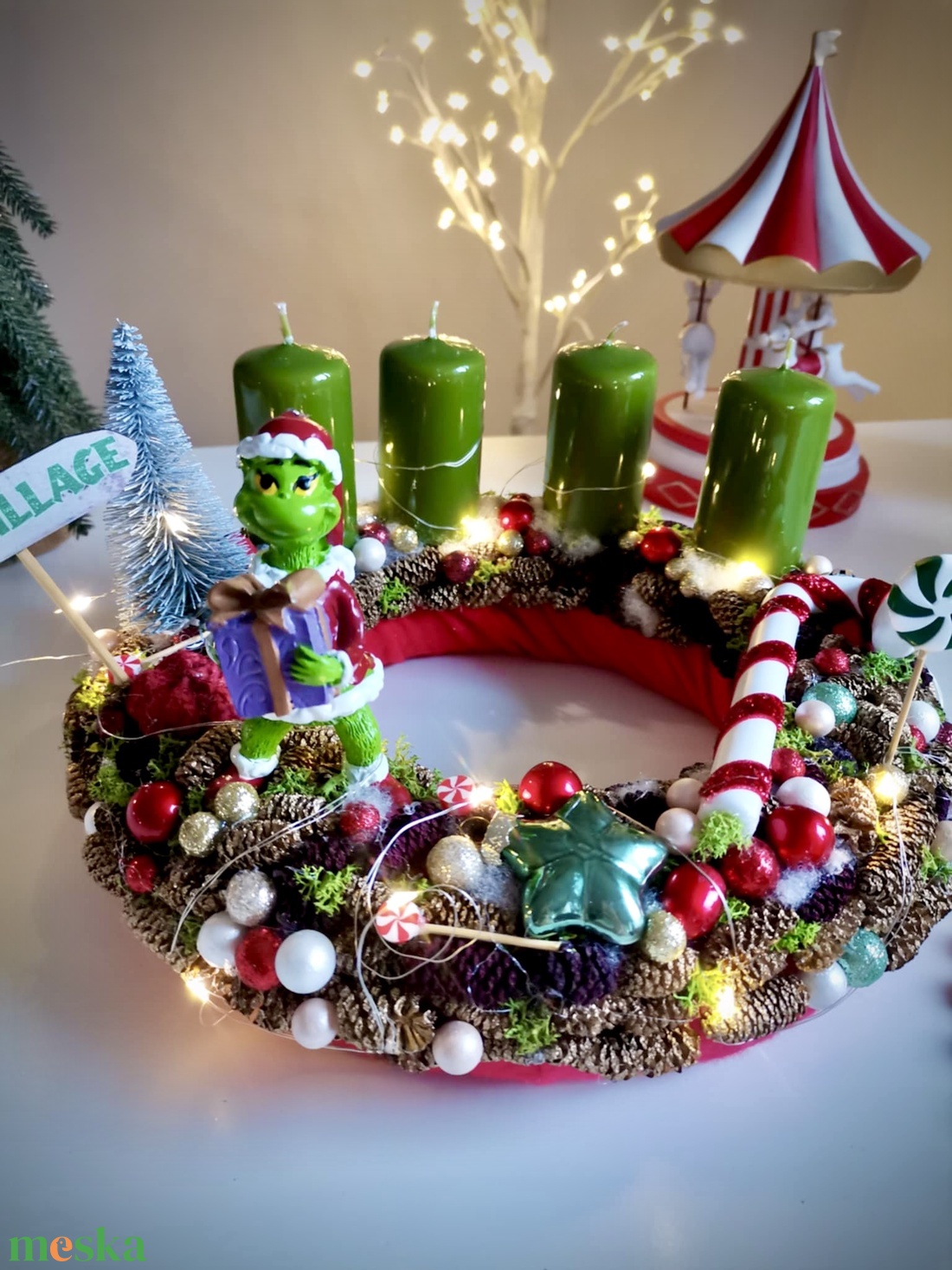Világító Grincs, grincses adventi koszorú grincses karácsonyi dísz - karácsony - adventi díszek - adventi koszorú - Meska.hu