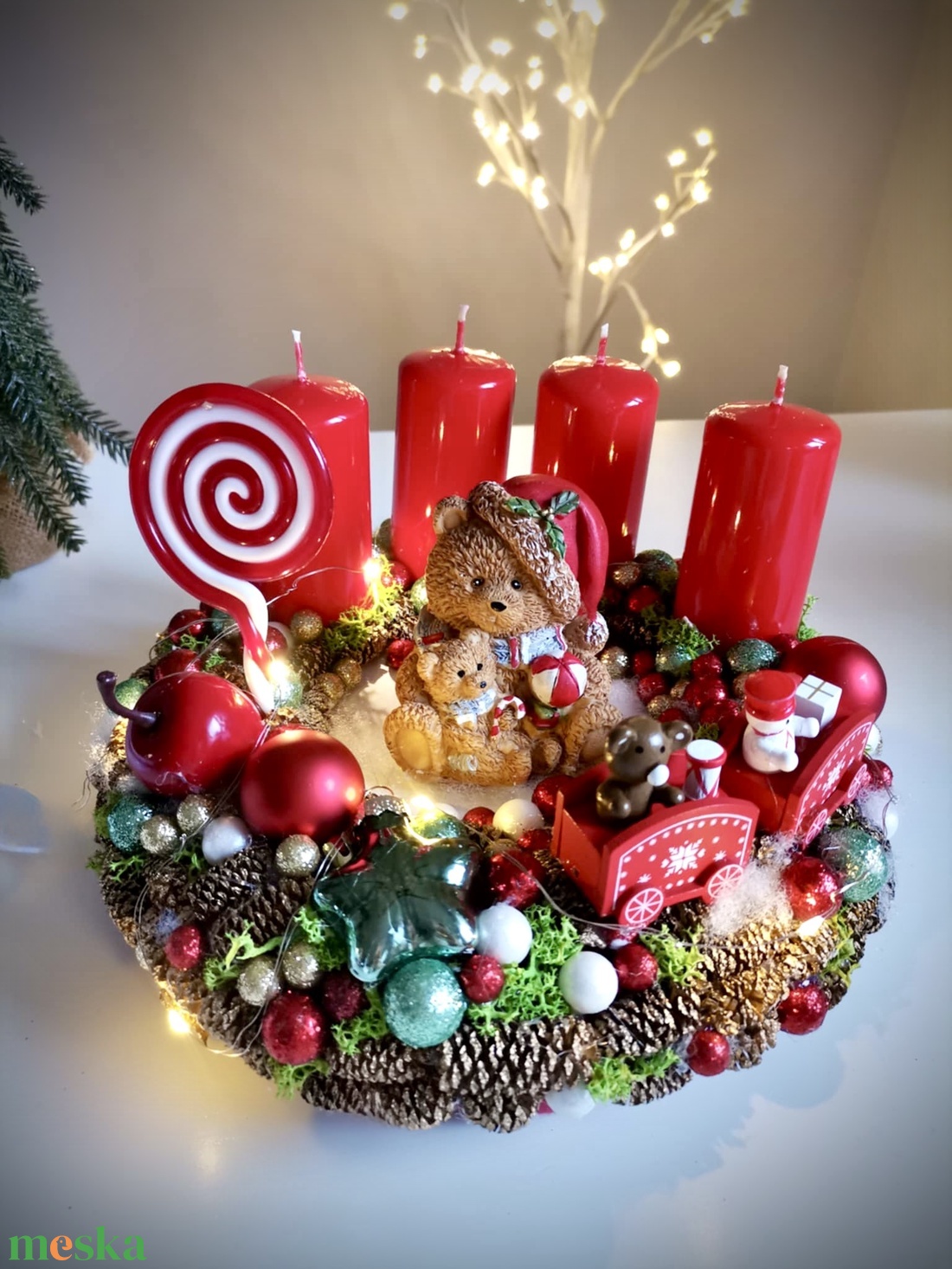 LED-es Világító, maci adventi koszorú, mackó adventi dísz - karácsony - adventi díszek - adventi koszorú - Meska.hu