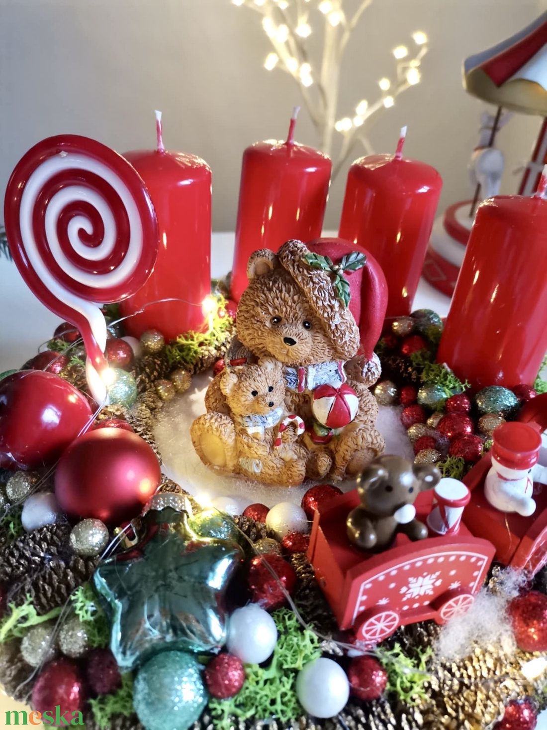 LED-es Világító, maci adventi koszorú, mackó adventi dísz - karácsony - adventi díszek - adventi koszorú - Meska.hu