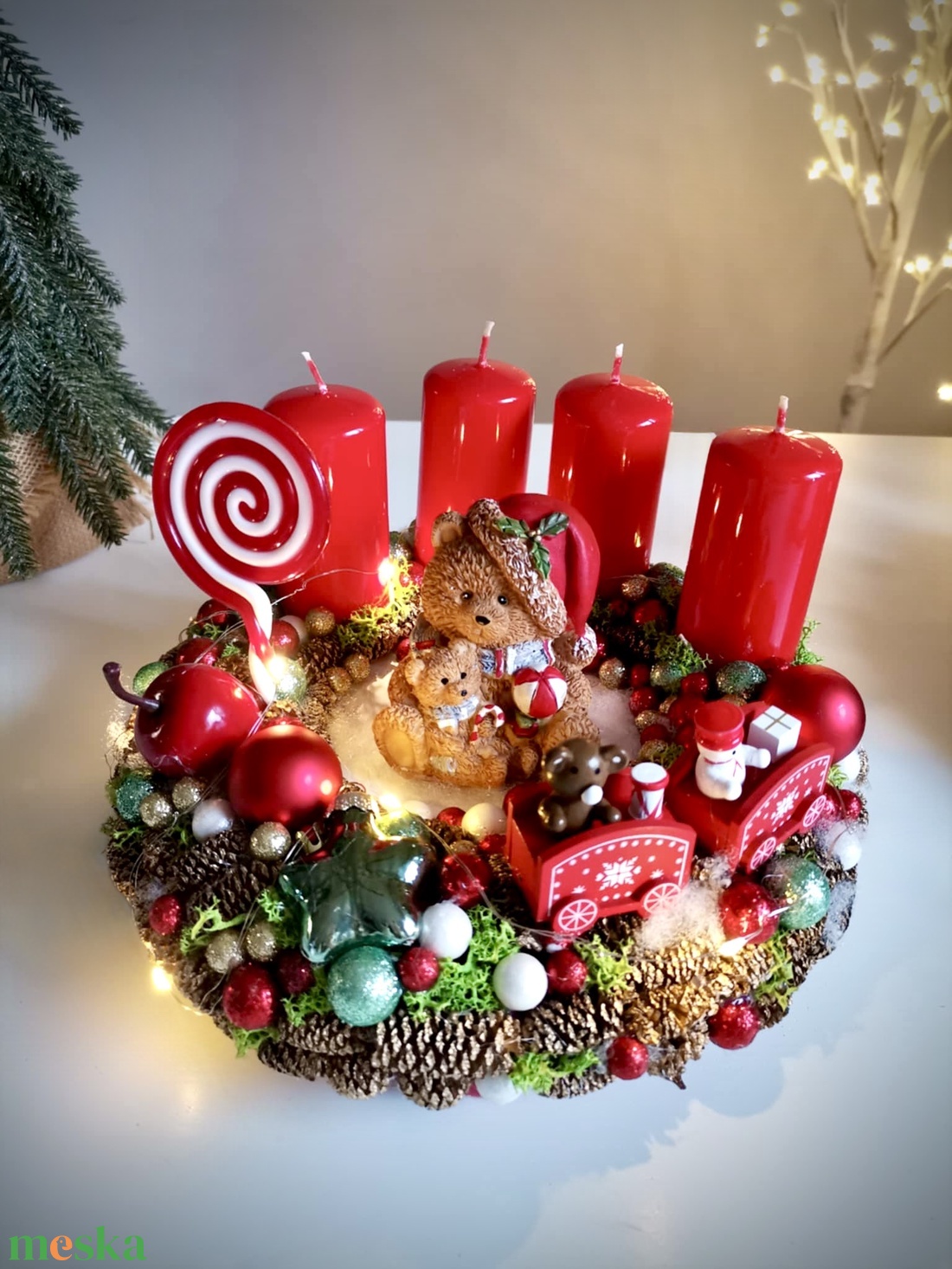 LED-es Világító, maci adventi koszorú, mackó adventi dísz - karácsony - adventi díszek - adventi koszorú - Meska.hu