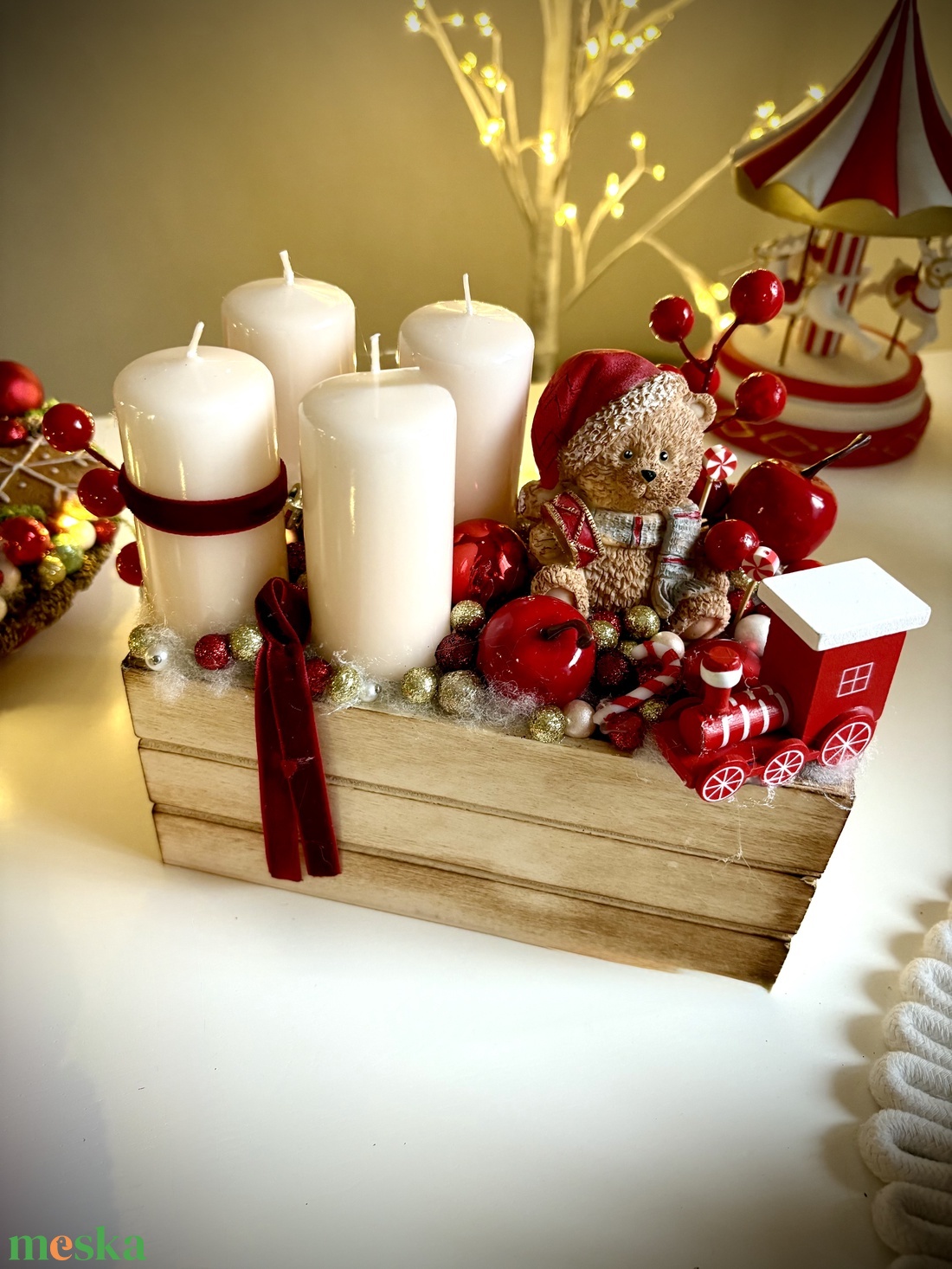  Édes mackó adventi koszorú asztaldísz, asztali dísz - karácsony - adventi díszek - adventi koszorú - Meska.hu