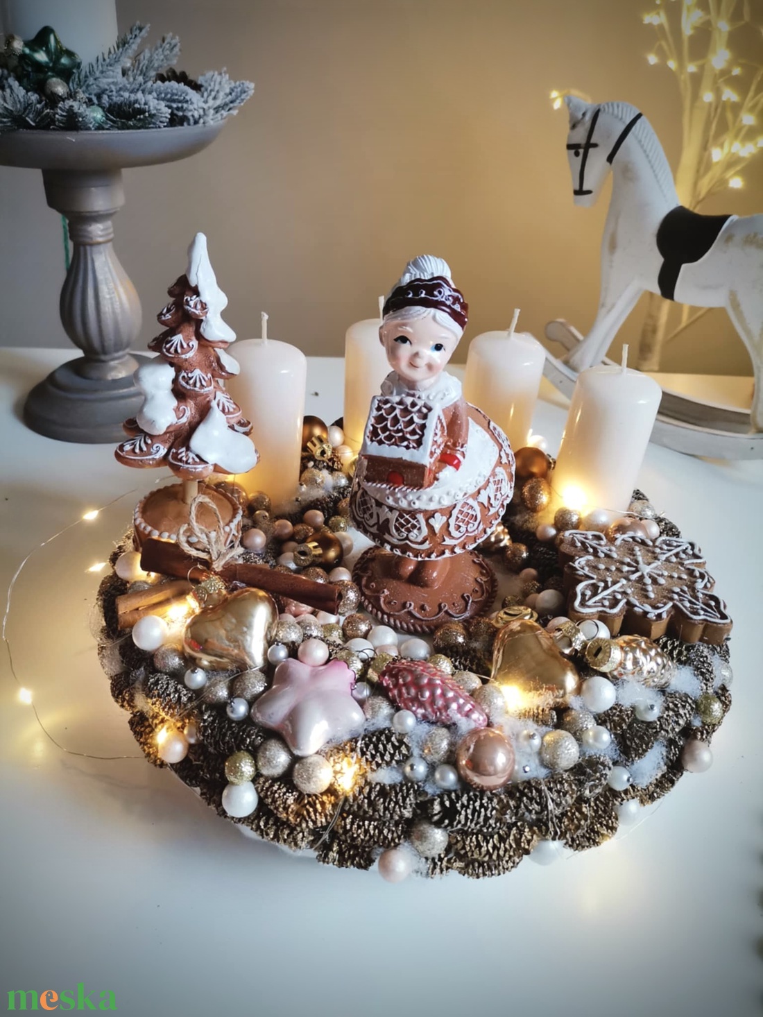 Világító nagymama adventi koszorú, mézeskalács karácsonyi dísz - karácsony - adventi díszek - adventi koszorú - Meska.hu