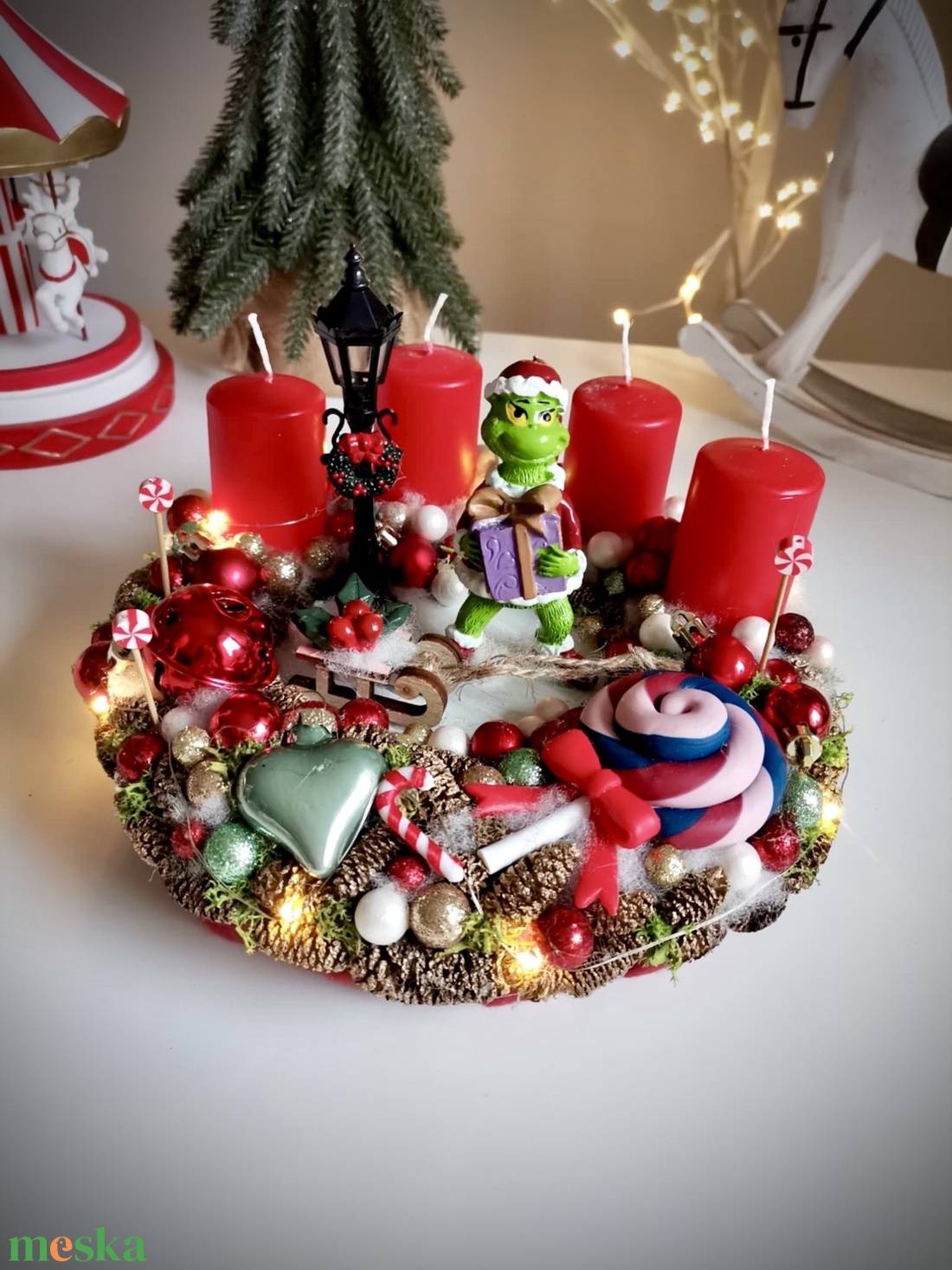 Világító Grincs, grincses adventi koszorú grincses karácsonyi dísz - karácsony - adventi díszek - adventi koszorú - Meska.hu