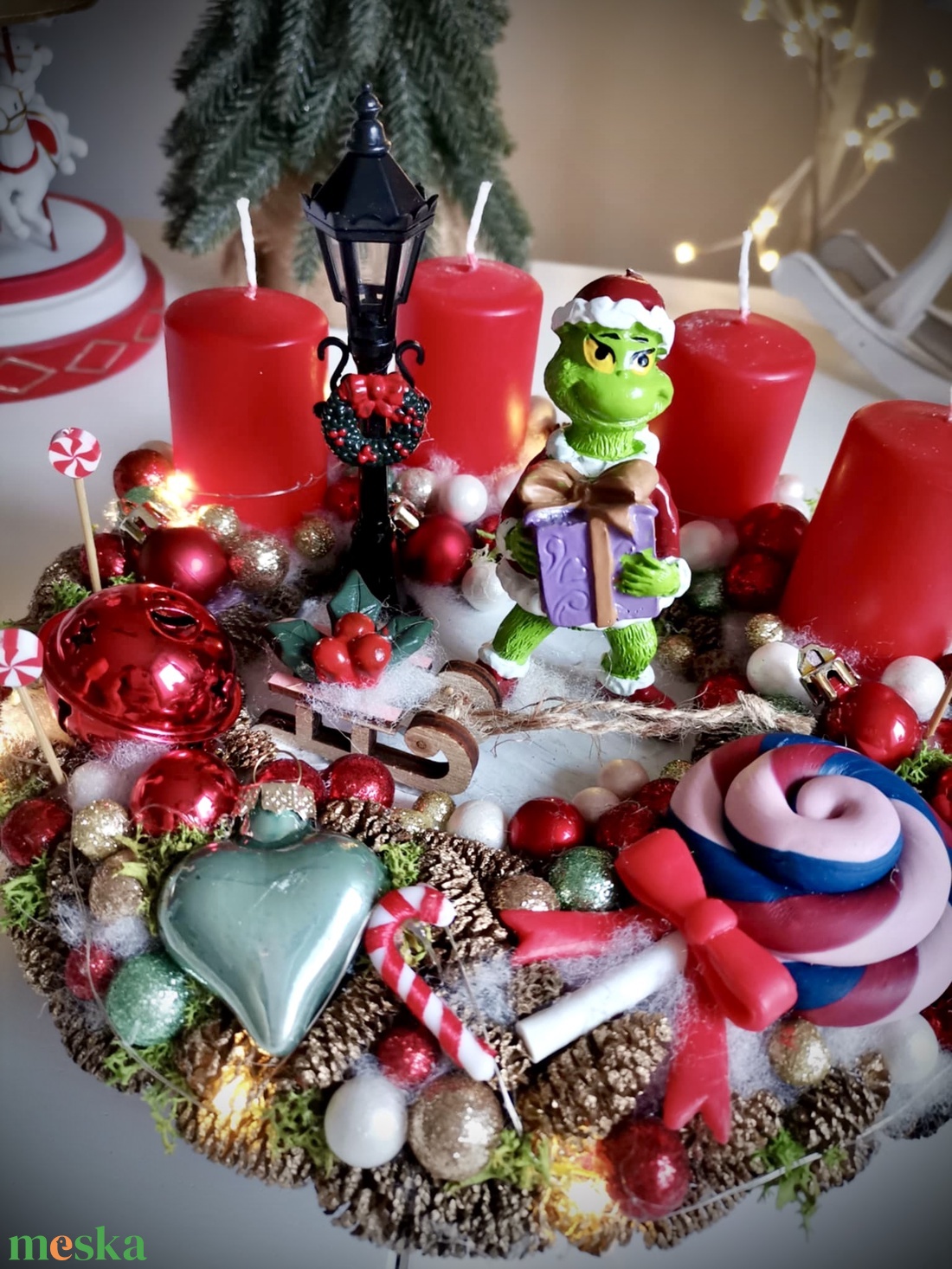 Világító Grincs, grincses adventi koszorú grincses karácsonyi dísz - karácsony - adventi díszek - adventi koszorú - Meska.hu