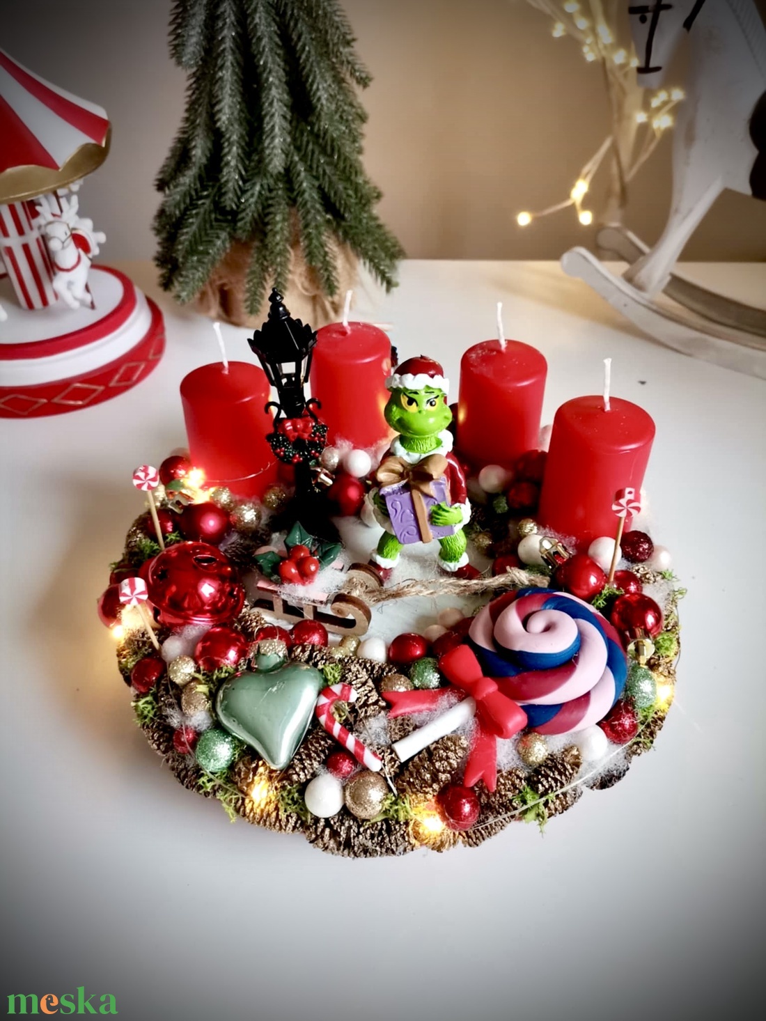 Világító Grincs, grincses adventi koszorú grincses karácsonyi dísz - karácsony - adventi díszek - adventi koszorú - Meska.hu