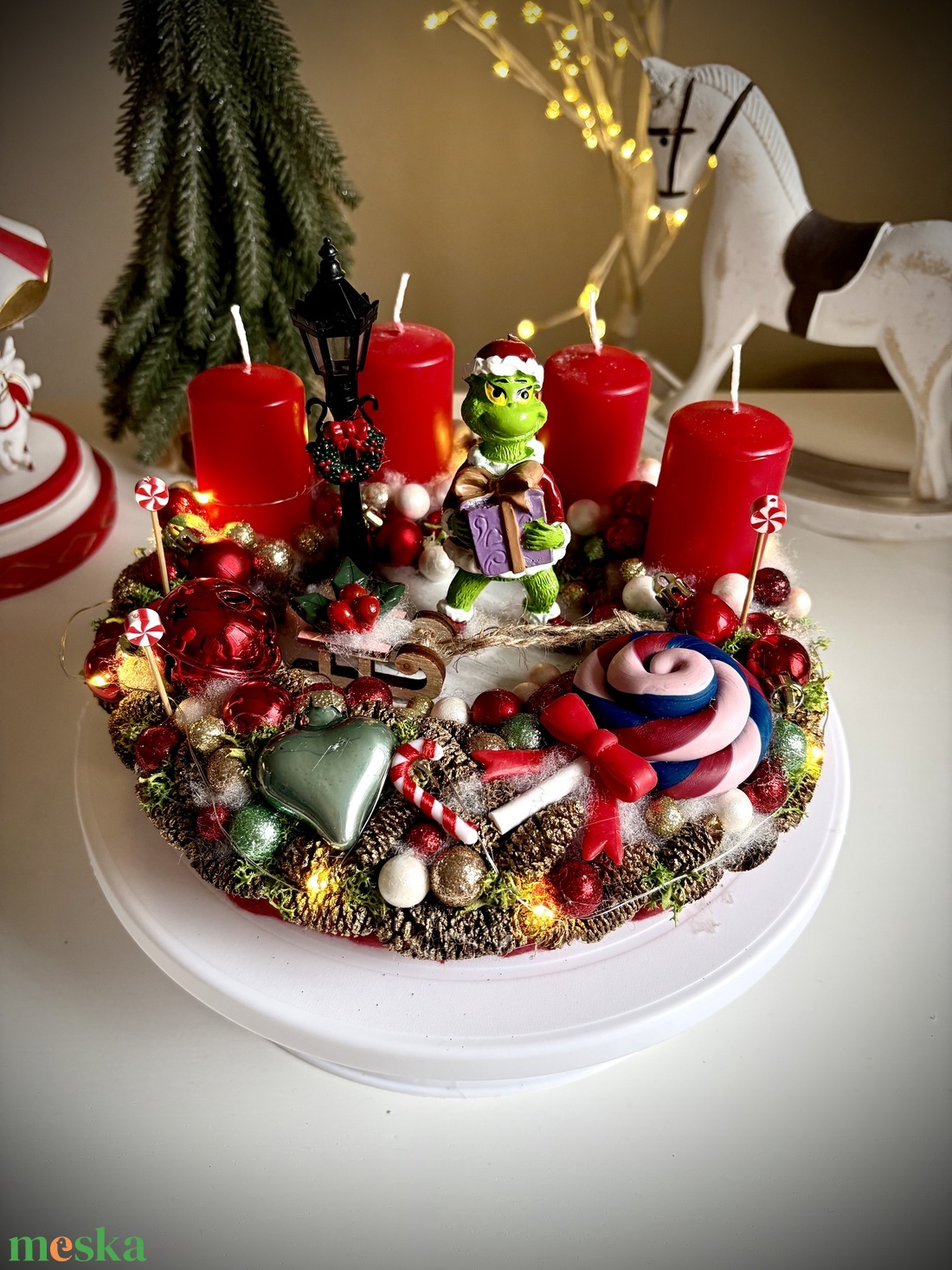 Világító Grincs, grincses adventi koszorú grincses karácsonyi dísz - karácsony - adventi díszek - adventi koszorú - Meska.hu