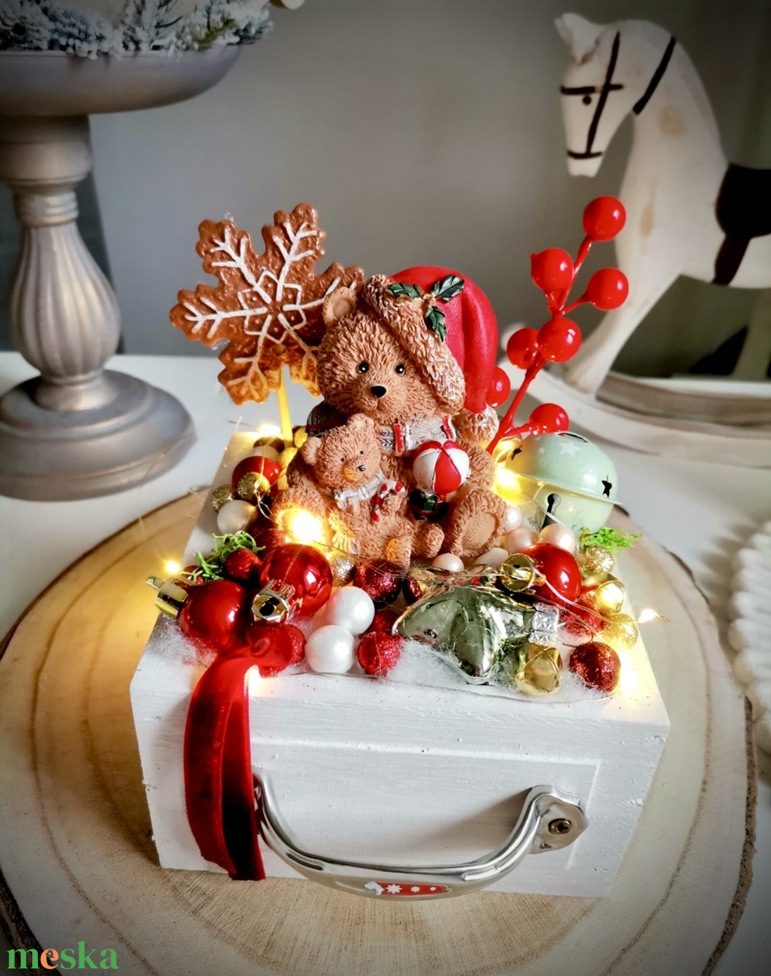 Édes mackó fiókos, világító asztaldísz, világító dísz - karácsony - adventi díszek - adventi asztaldísz - Meska.hu